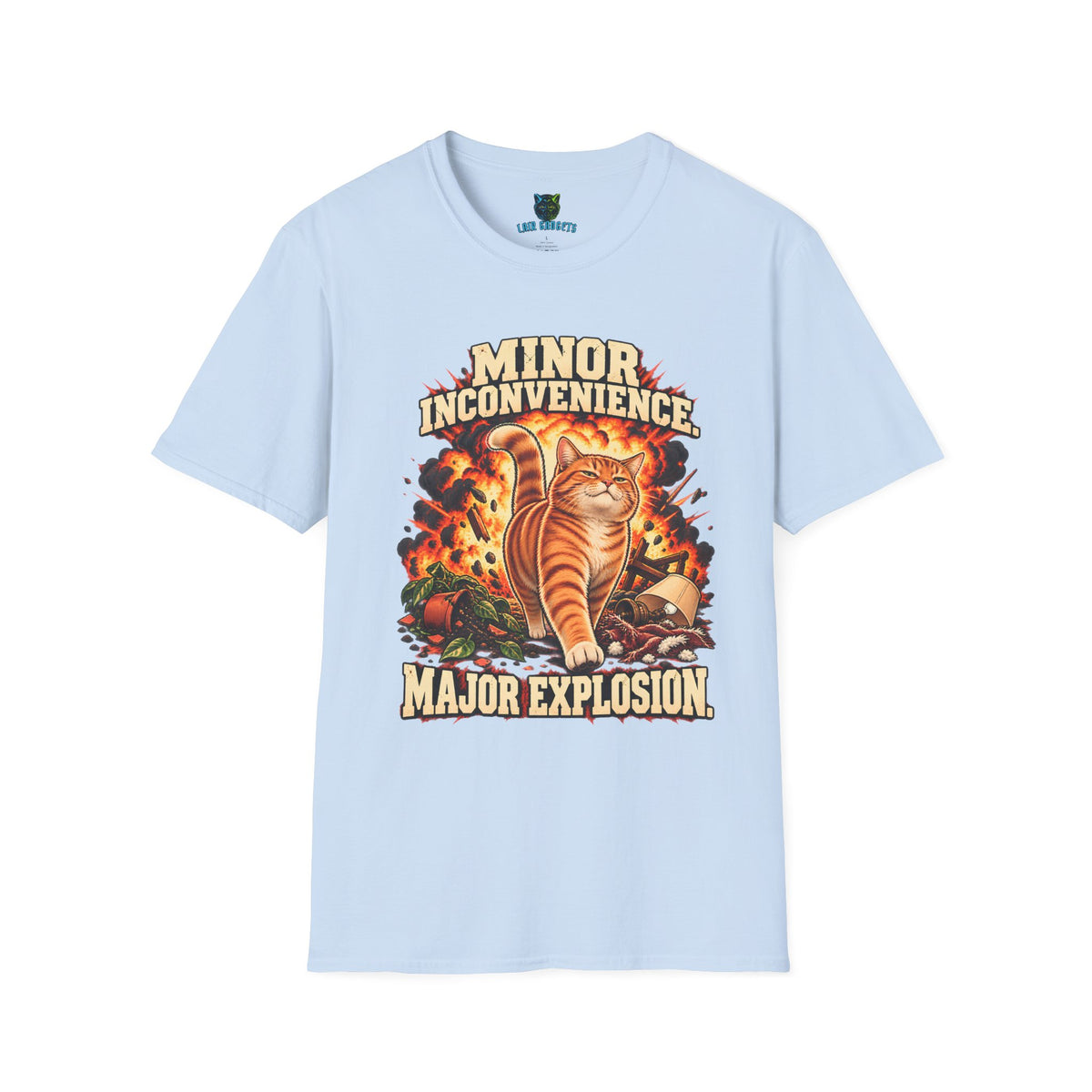 Light blue t-shirt with Minor Inconvenience orange cat graphic