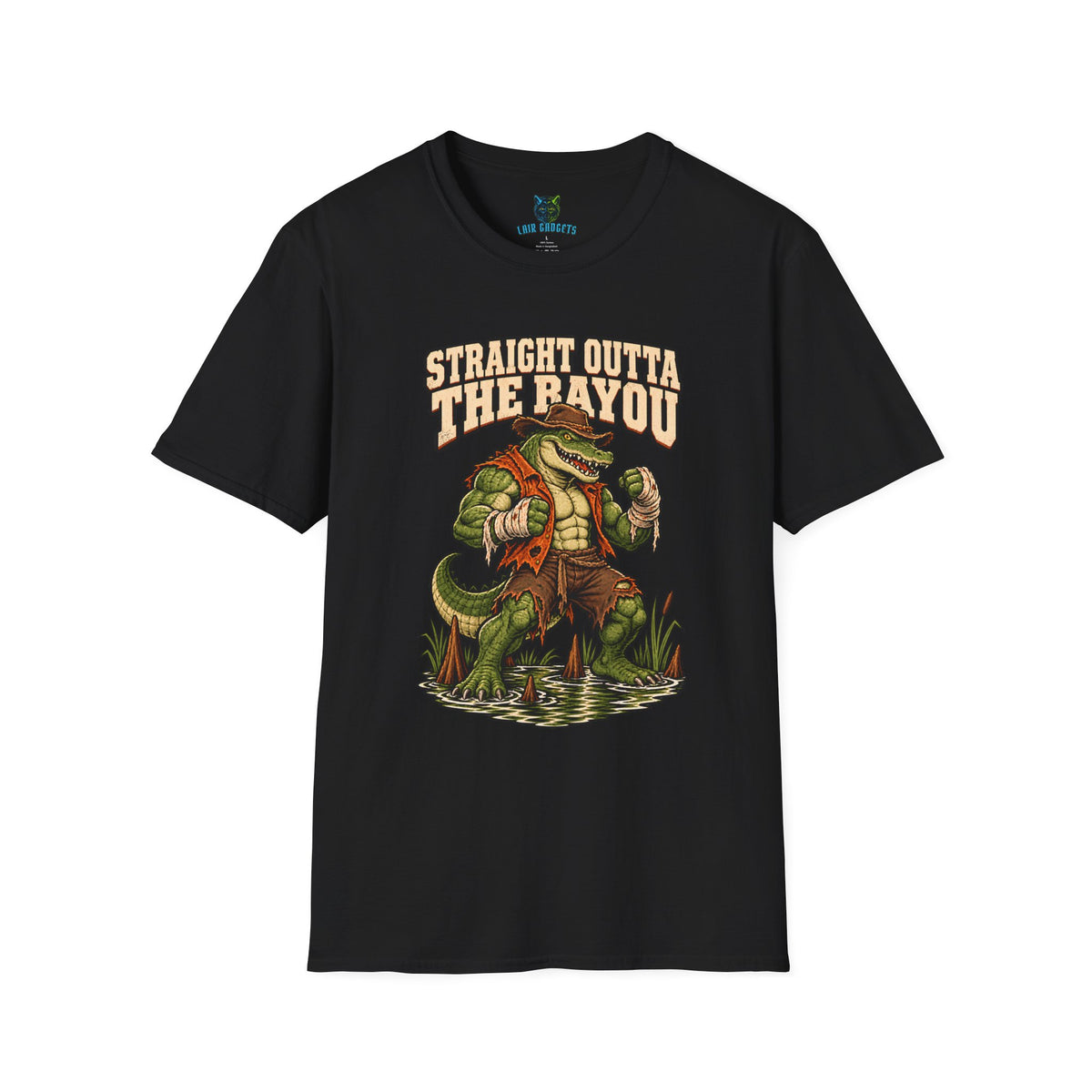 Black t-shirt with Straight Outta The Bayou brawler alligator graphic