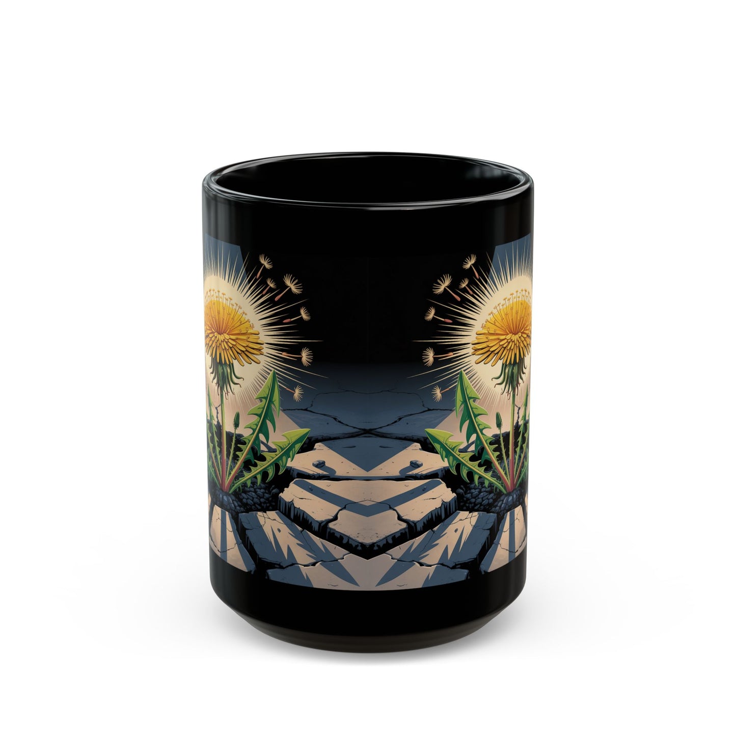 Inspirational Resilience Coffee Mug 15oz Dandelion Breakthrough Design by Lair Gadgets Black Mug (15oz)