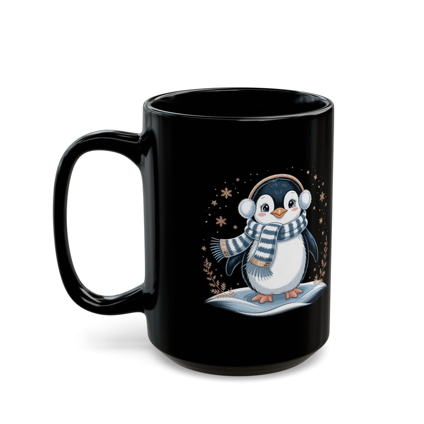 Winter Cheer Penguin Mug by Lair Gadgets – 15 oz Black Ceramic Coffee Cup with Cozy Holiday Penguin Design