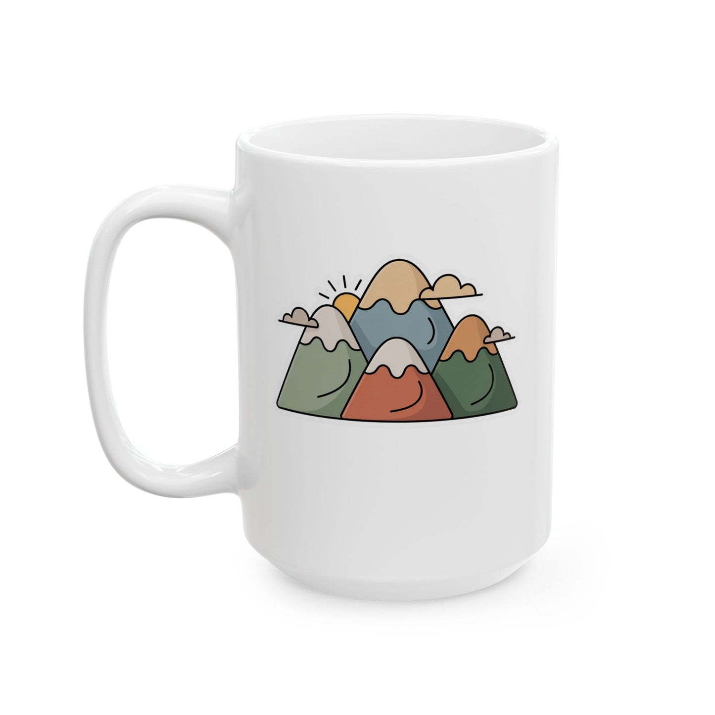 Mountain Coffee Mug with Minimalist Illustration Design, Simple Outdoor Artwork, 15 oz White Ceramic Mug for Home or Office Use — by Lair Gadgets