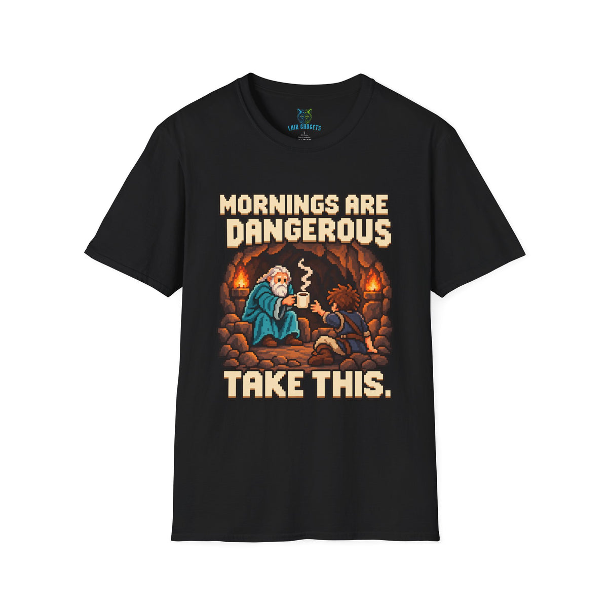 Black t-shirt with Mornings Are Dangerous Take This retro pixel art coffee graphic