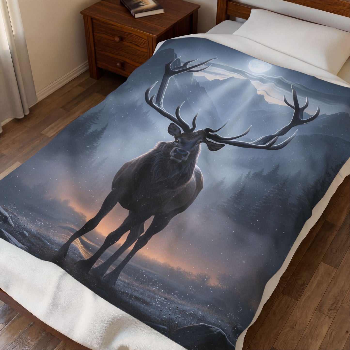 Deer Throw Blanket for Cabin Decor – Moonlit Stag Velveteen Plush Blanket – Rustic Woodland Wildlife Couch Blanket – by Lair Gadgets