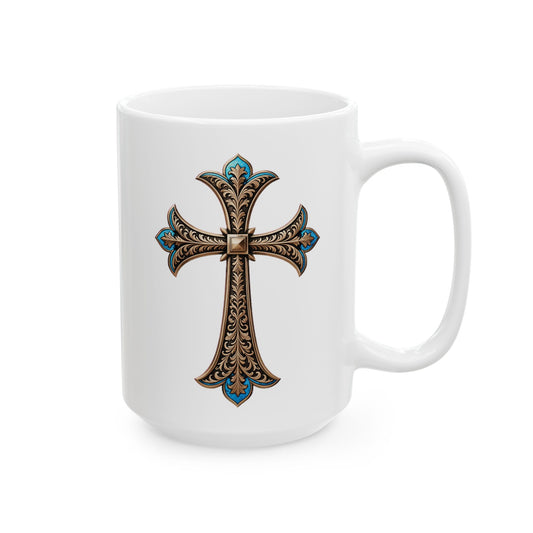 Easter Cross Blue Accent Ceramic Mug, (11oz, 15oz)