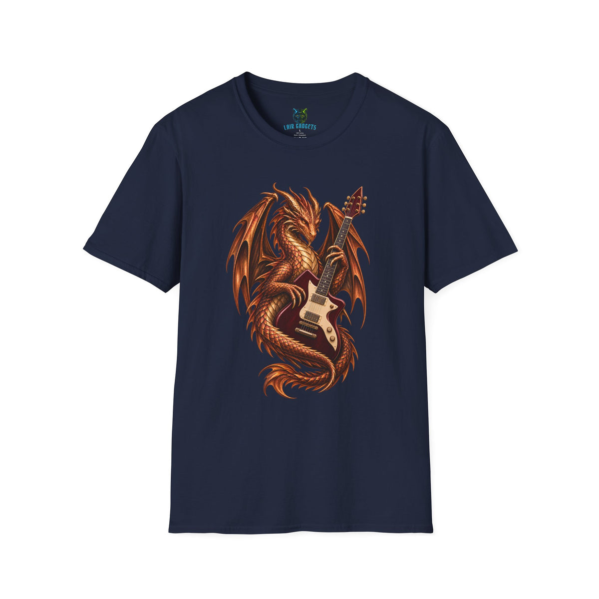 Navy t-shirt with dragon wrapped around an electric guitar graphic
