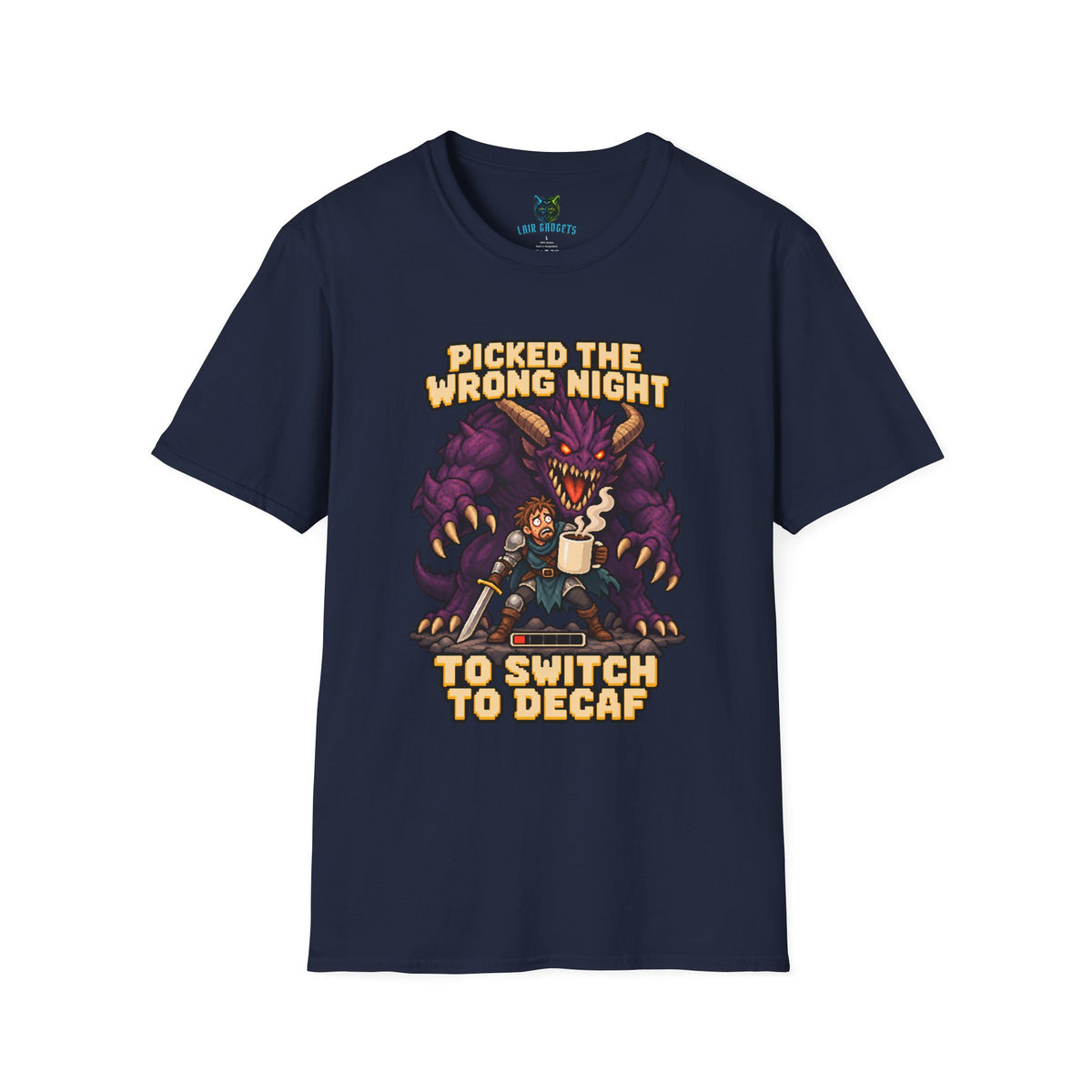 Navy t-shirt with Picked the Wrong Night to Switch to Decaf pixel art dragon graphic