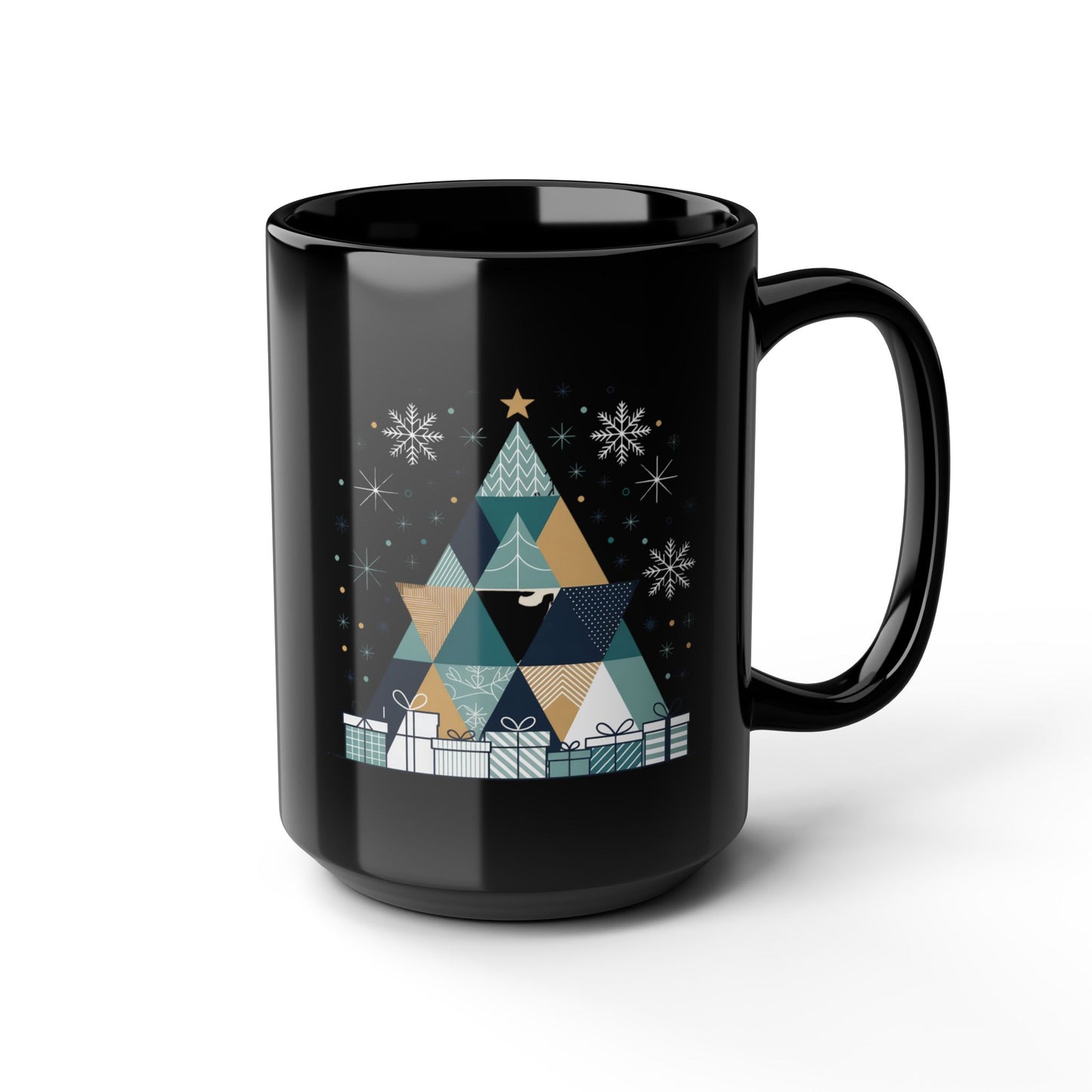 Geometric Holiday Tree Mug by Lair Gadgets – 15 oz Black Ceramic Coffee Cup with Modern Christmas Tree and Snowflake Design