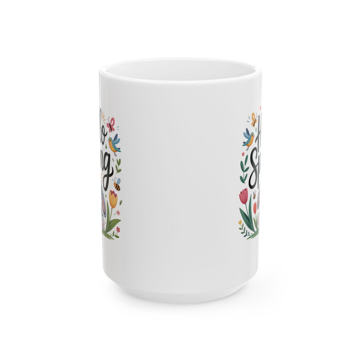 Spring Coffee Mug with Bunny and Butterflies Design, White Ceramic 15 oz Mug, Easter and Seasonal Drinkware- B0GKBR6LHZ