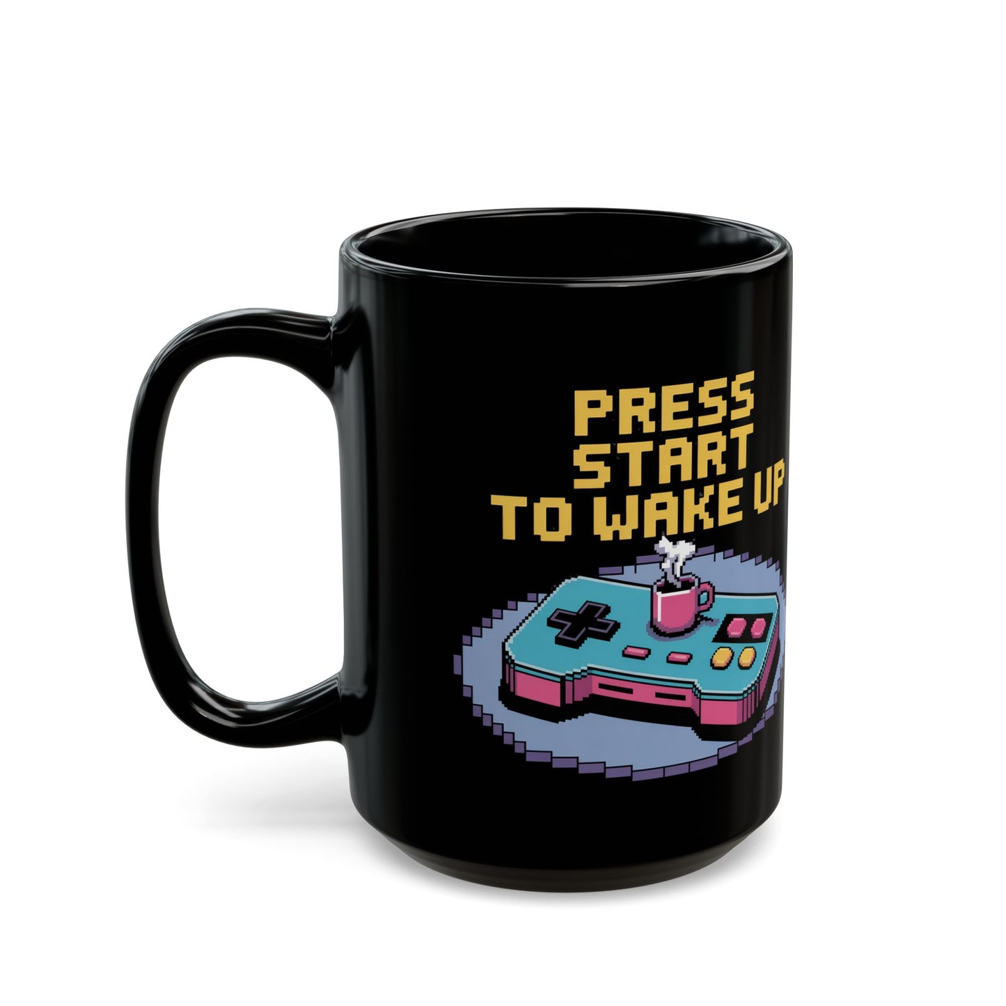 Retro Gamer Coffee Mug - Press Start to Wake Up, Gaming Gift, Video Game Mug, Gift for Gamers, 8-Bit Design