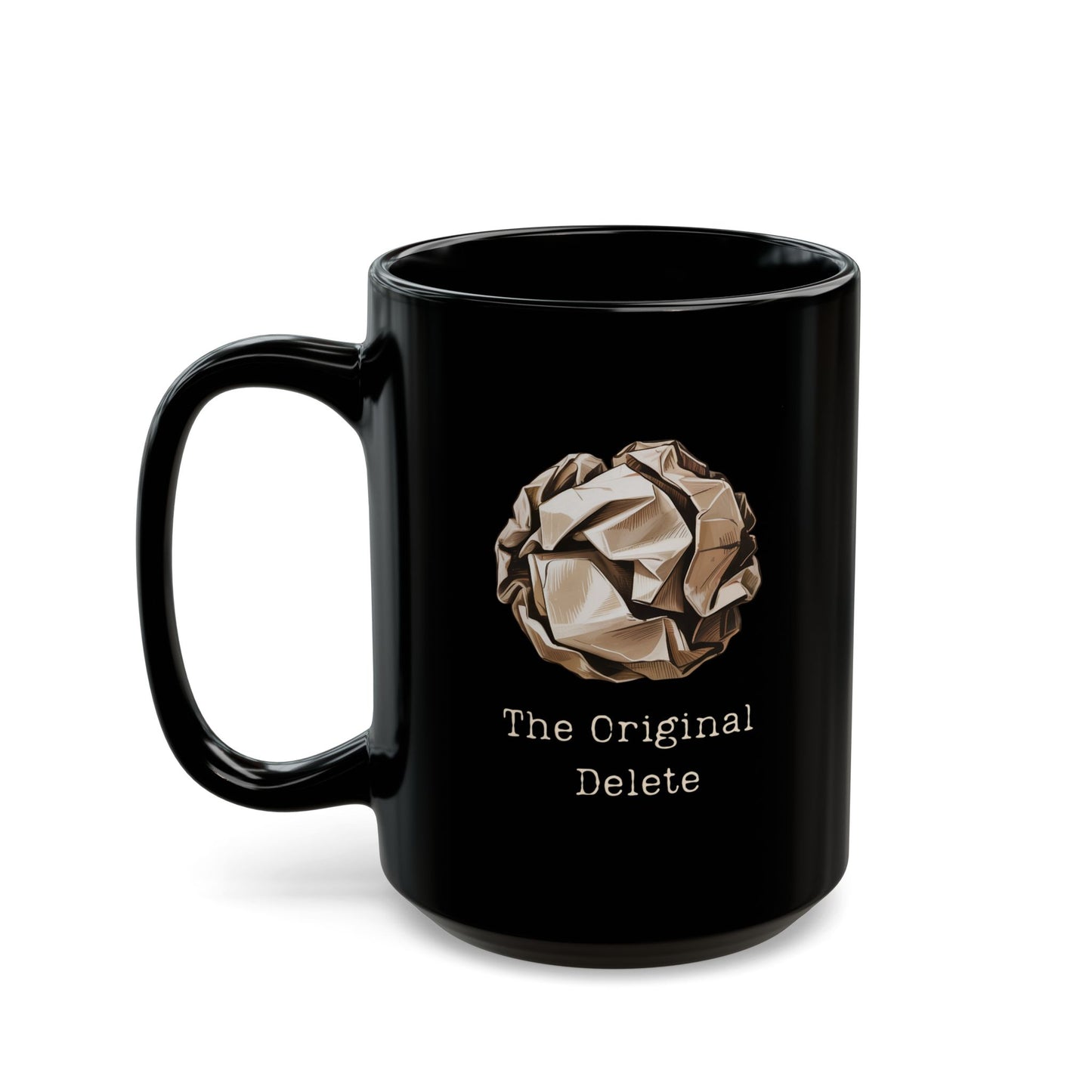 96 - Black Ceramic Mug — "The Original Delete" Crumpled Paper Design 15oz