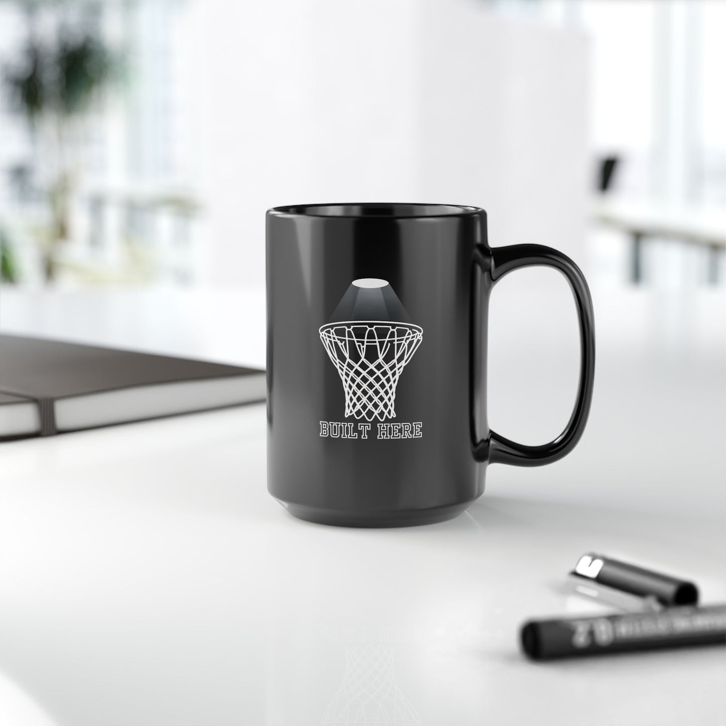Basketball Hoop Black Mug — 'Built Here' Court Pride Coffee Cup (15oz)