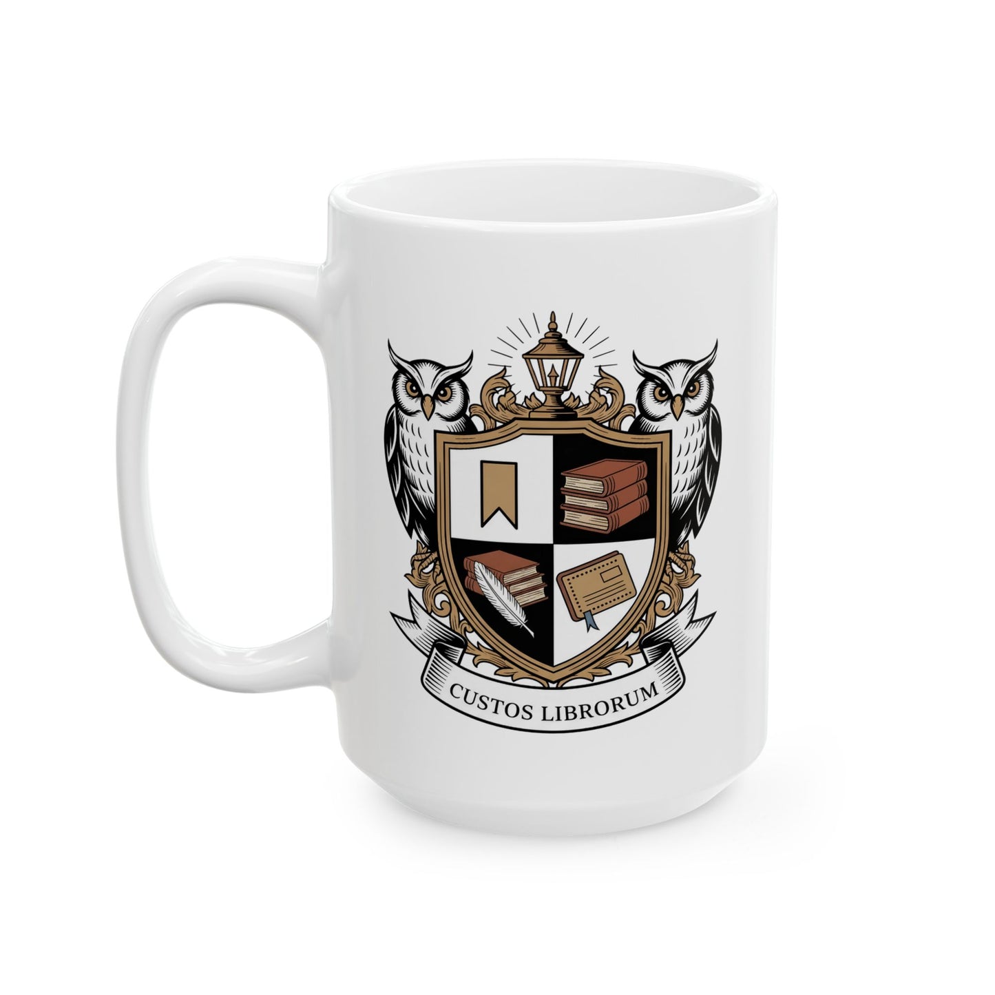 Custos Librorum Librarian Crest Mug 15oz – Ceramic Coffee Mug for Librarians and Book Lovers – Latin “Guardian of Books” Owl Shield Design by Lair Gadgets