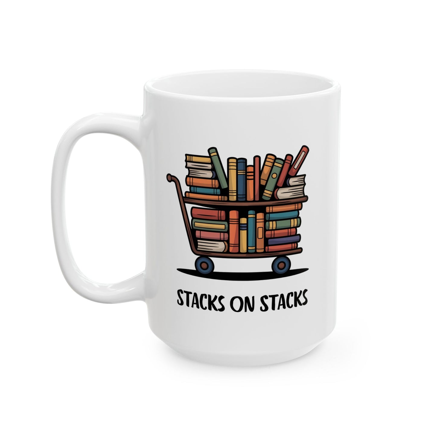 Librarian Coffee Mug – “Stacks on Stacks” Library Cart Design, Book Lover Gift