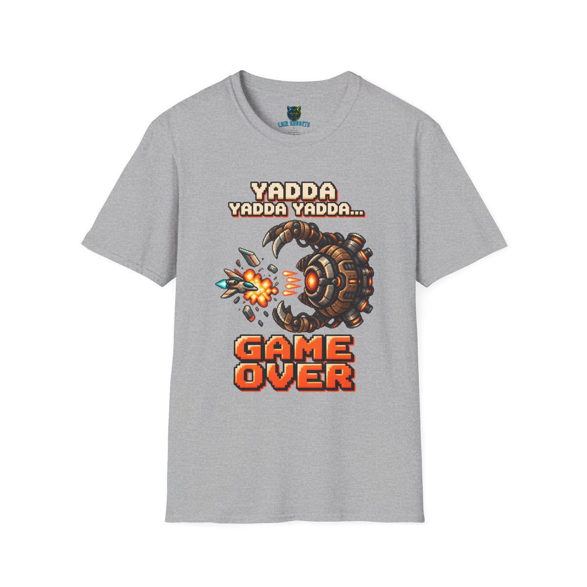 Sport grey t-shirt with Yadda Yadda Yadda Game Over pixel art spaceship graphic