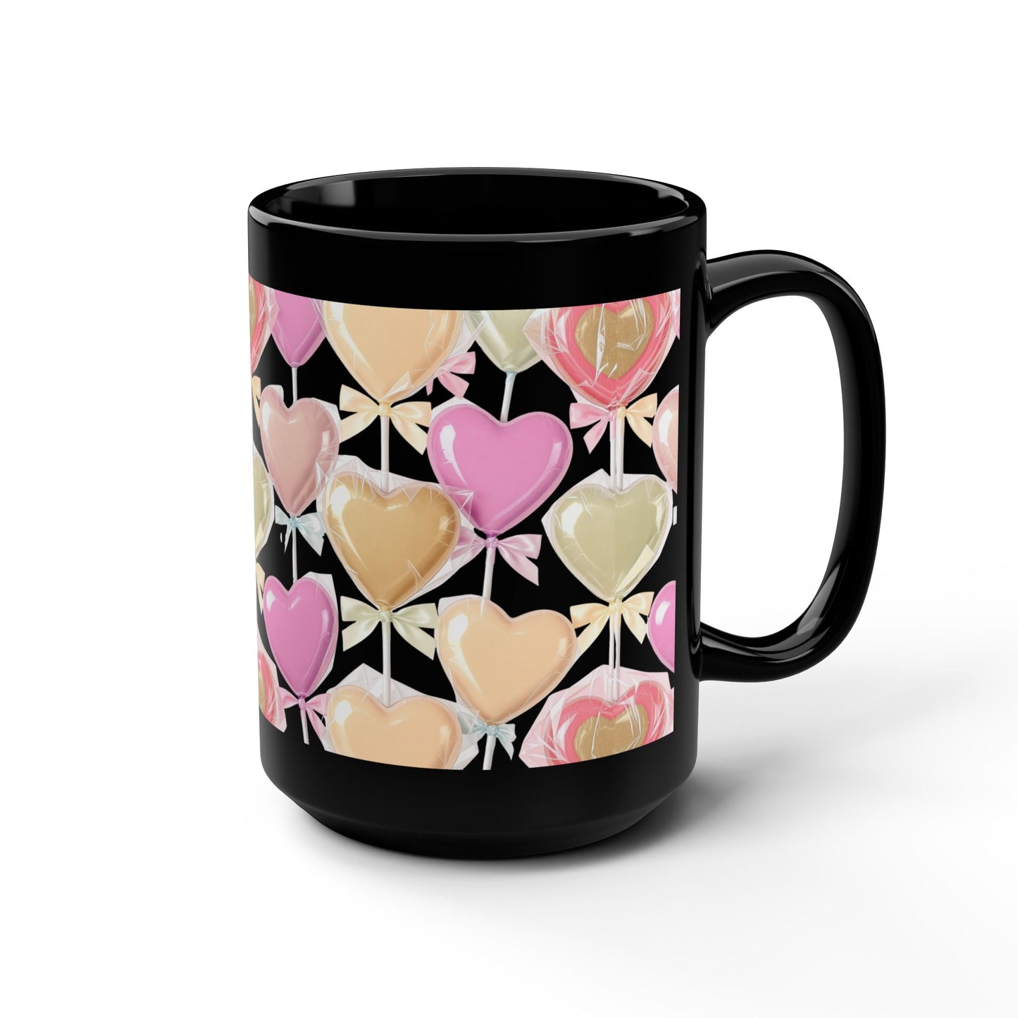 Heart Lollipop Pattern Black 15oz Mug — Score 90