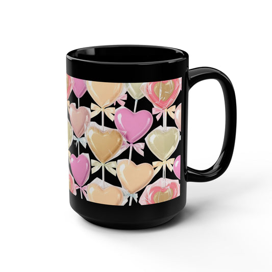 Heart Lollipop Pattern Black 15oz Mug — Score 90