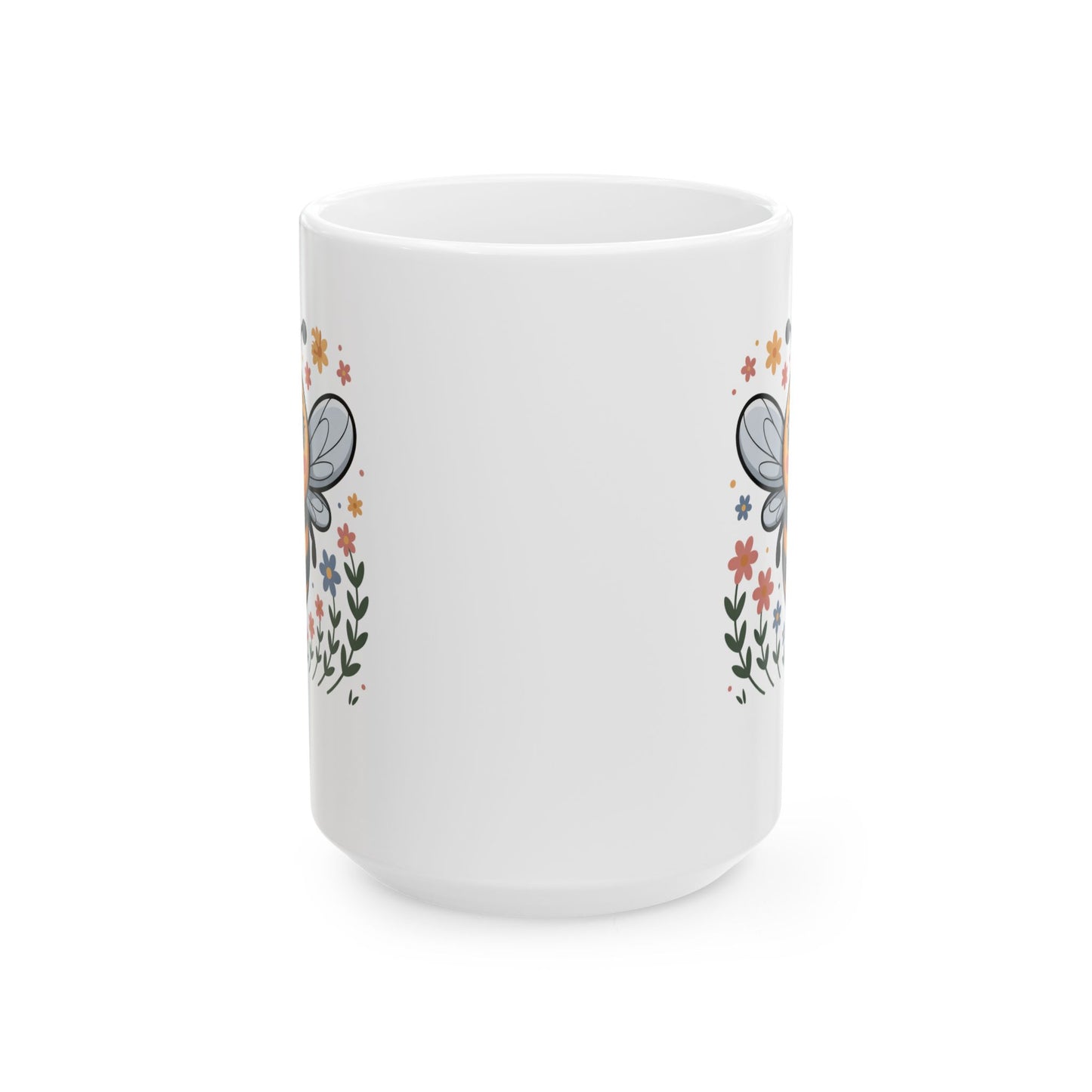 Bee Coffee Mug with Cute Bee Illustration, Smiling Bee and Floral Artwork, 15 oz White Ceramic Mug for Home or Office Use — by Lair Gadgets