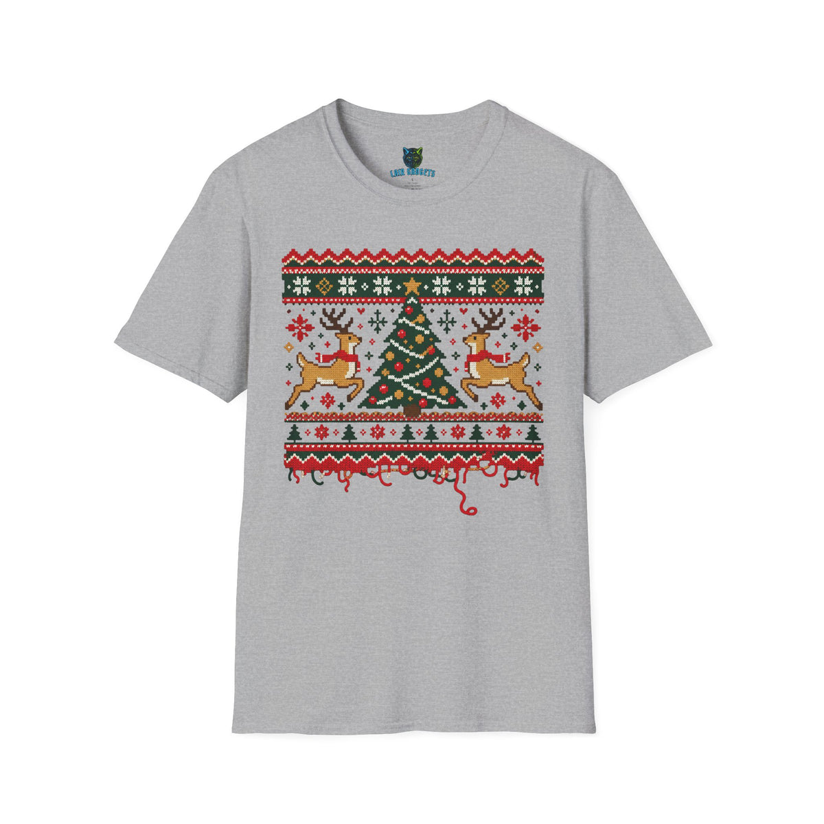Ugly Christmas sweater tee in Sport Grey with knit-pattern reindeer, Christmas tree and unraveling hem