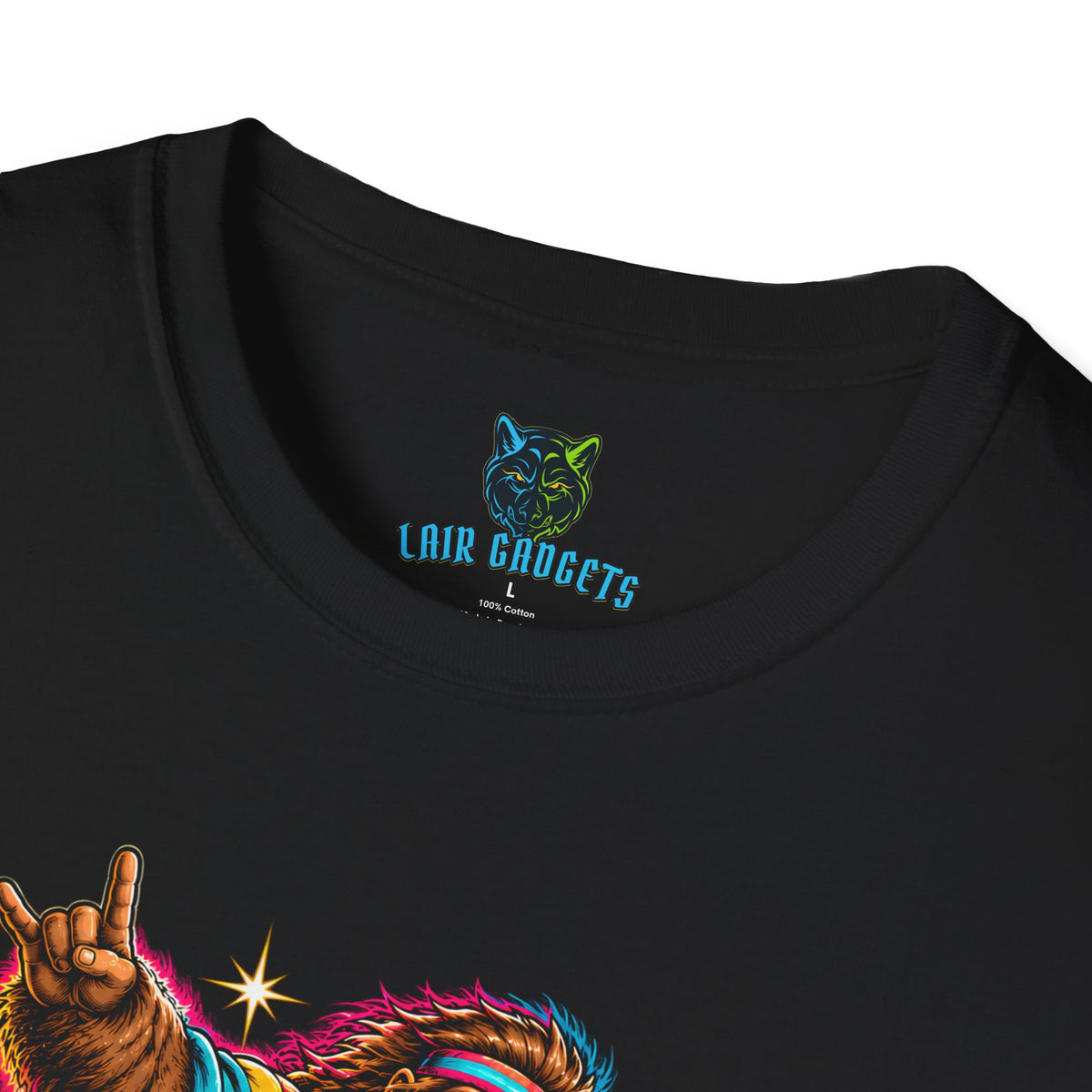 Black tee with Bigfoot snowboarding mid-air in aviators and an 80s ski jacket above the words Up to Snow Good (neck label view)