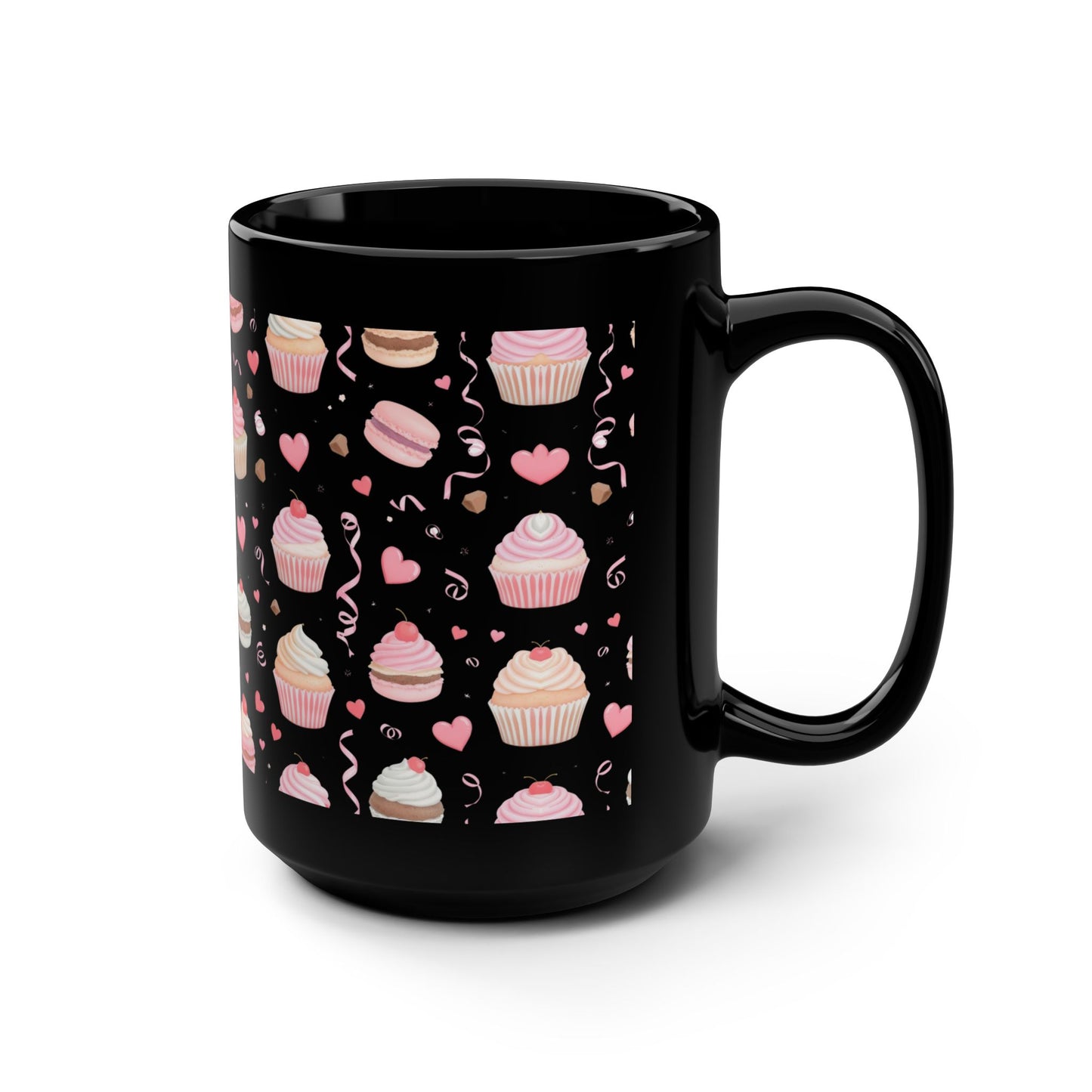 Cupcake Pattern Black Mug, 15oz — Score 79