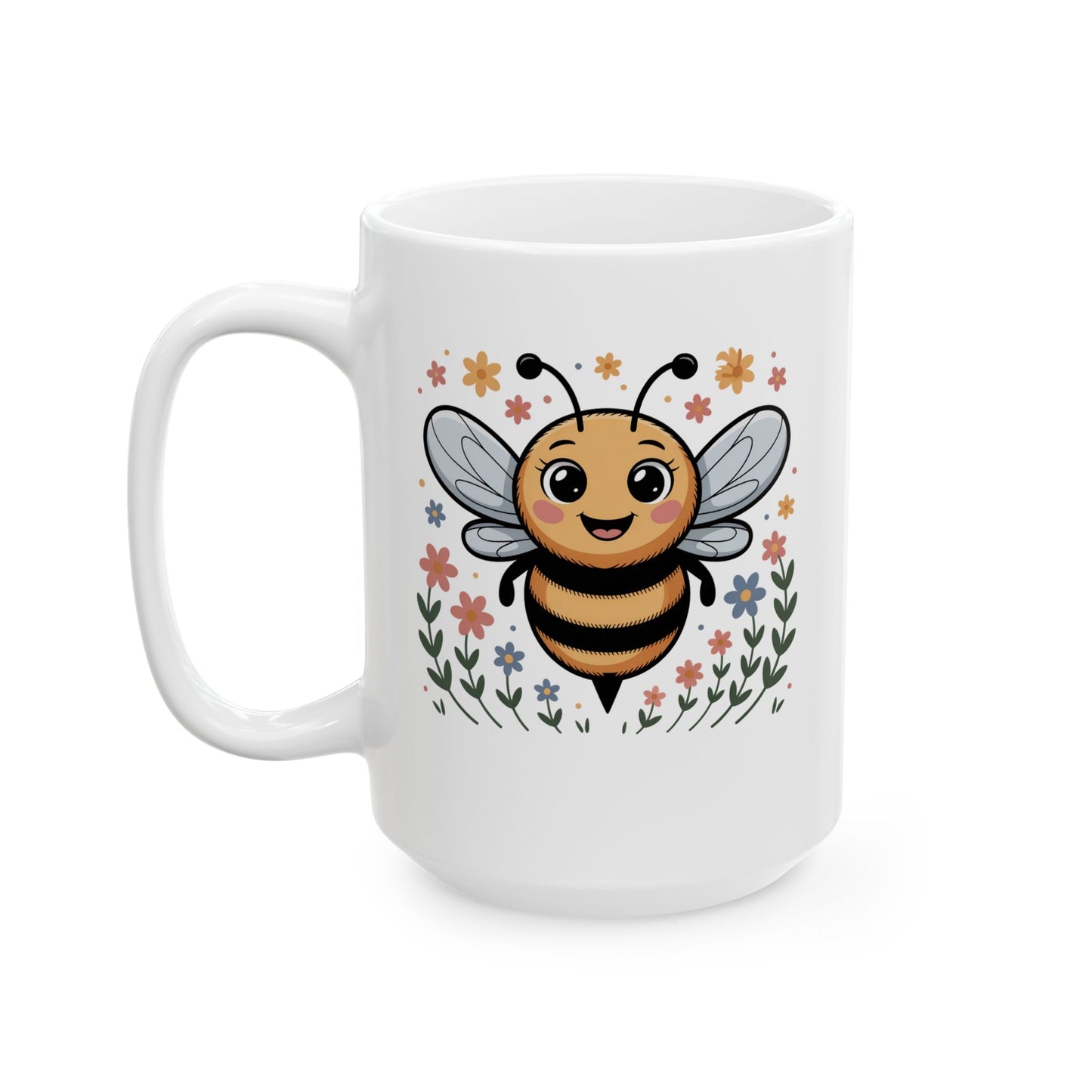 Bee Coffee Mug with Cute Bee Illustration, Smiling Bee and Floral Artwork, 15 oz White Ceramic Mug for Home or Office Use — by Lair Gadgets