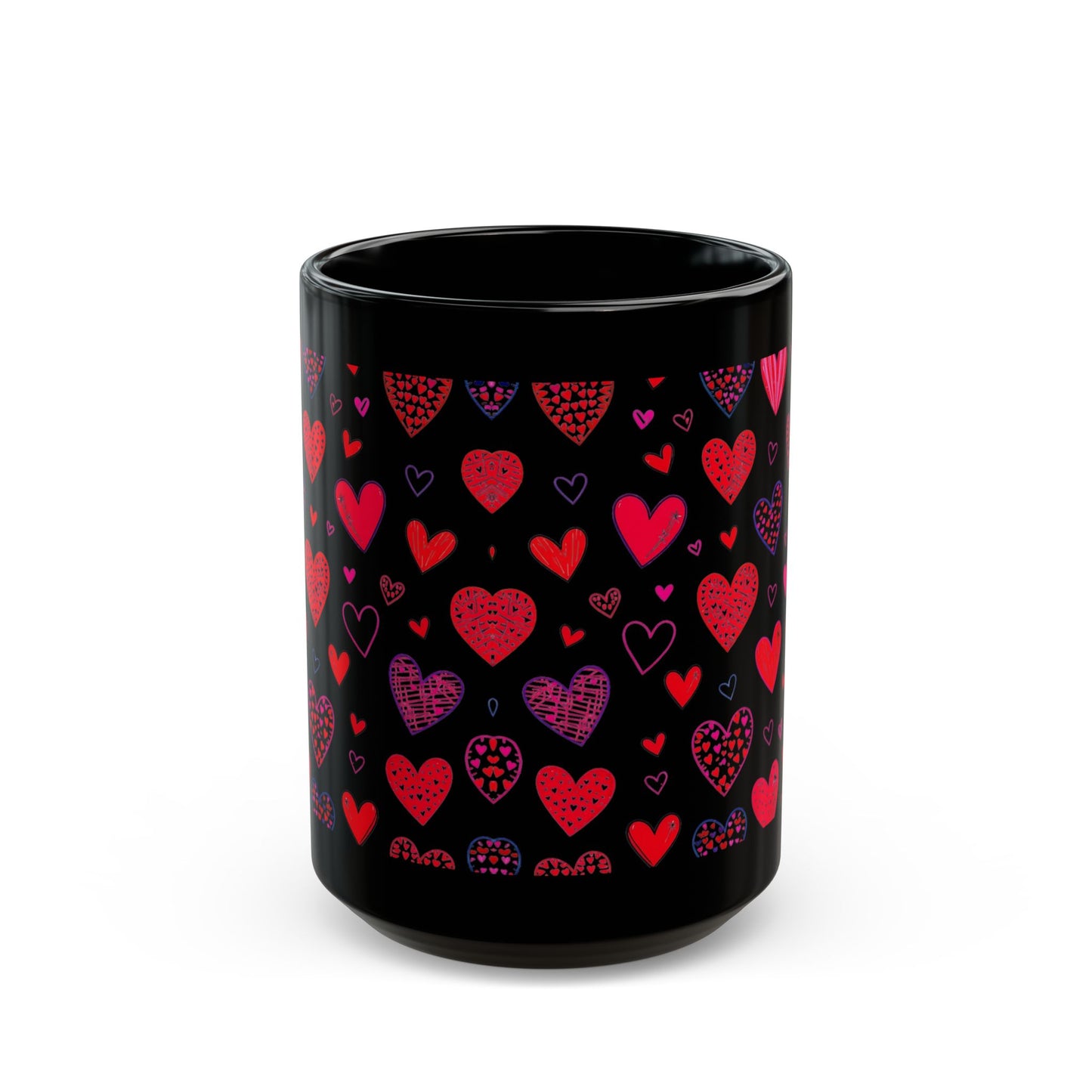 Heart Pattern Coffee Mug – Red and Pink Love Design on Black 15oz Ceramic Cup by Lair Gadgets Black Mug (15oz)
