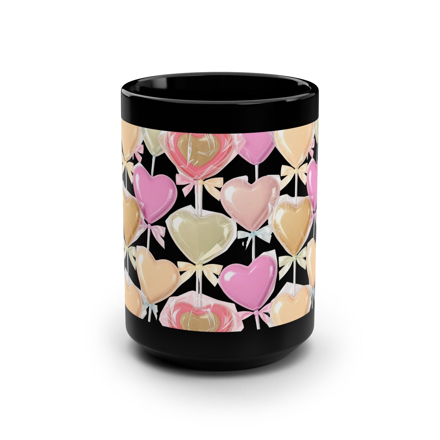 Heart Lollipop Pattern Black 15oz Mug — Score 90