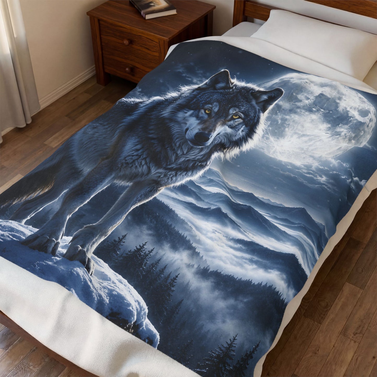 Wolf Plush Throw by Lair Gadgets – Moonlit Wildlife Decor for Couch Bed Sofa – Cozy Rustic Cabin Fleece Cover – Nature Mountain Design 60x80