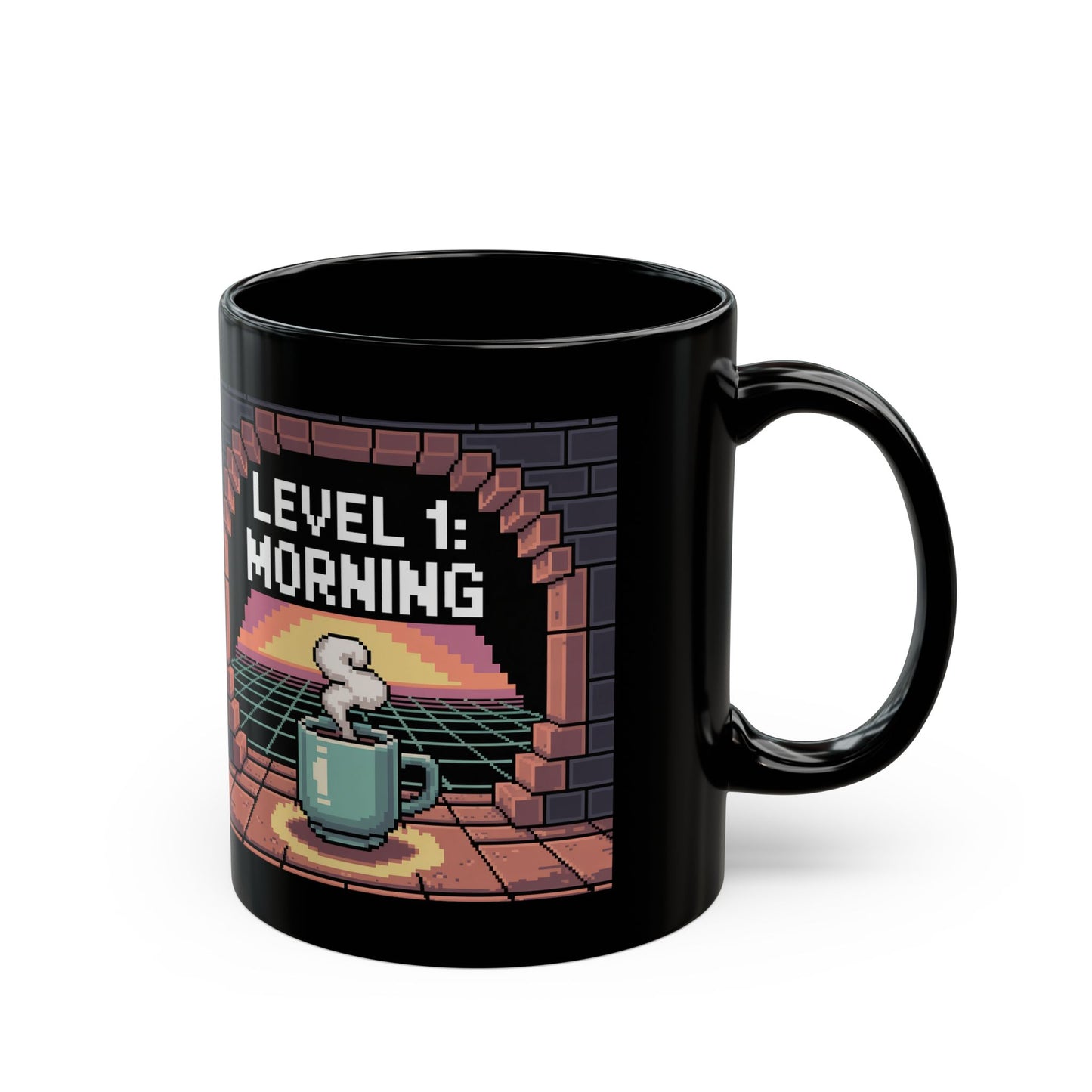 Retro Gamer Coffee Mug – Level 1 Morning Pixel Art Design – Black Ceramic – Funny Video Game Gift- B0GR2P8VNW