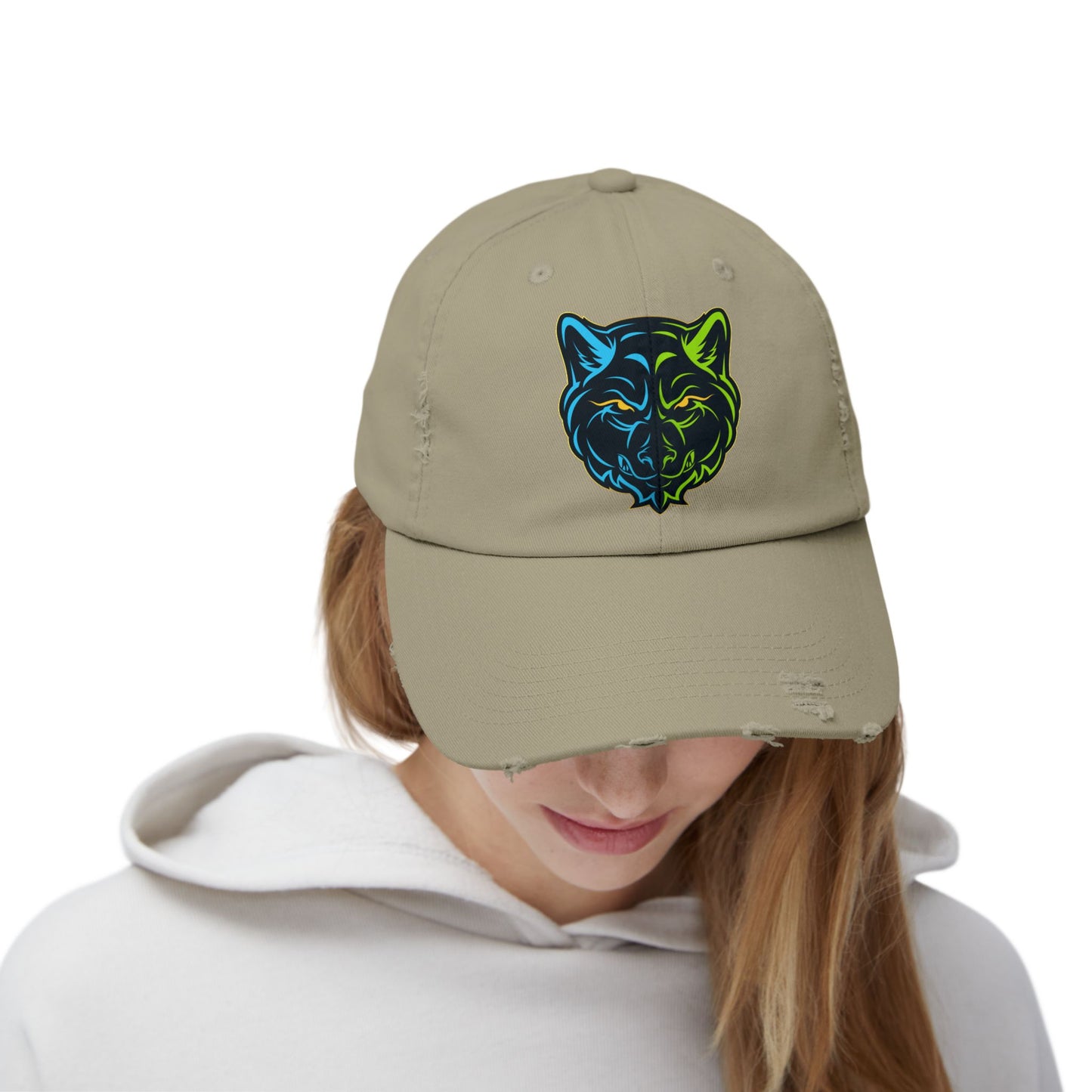 Lair Gadgets Vibrant Distressed Cap with Wolf Design | Unisex Cap for Outdoor Adventures, Casual Style, Gift for Animal Lovers, Summer Accessory