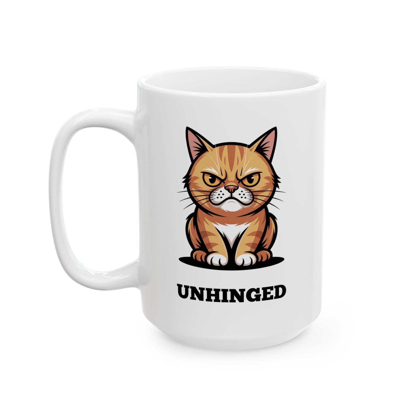 Funny Cat Coffee Mug – Angry Orange Cat Mug for Cat Owners and Morning Coffee – “UNHINGED” Design by Lair Gadgets