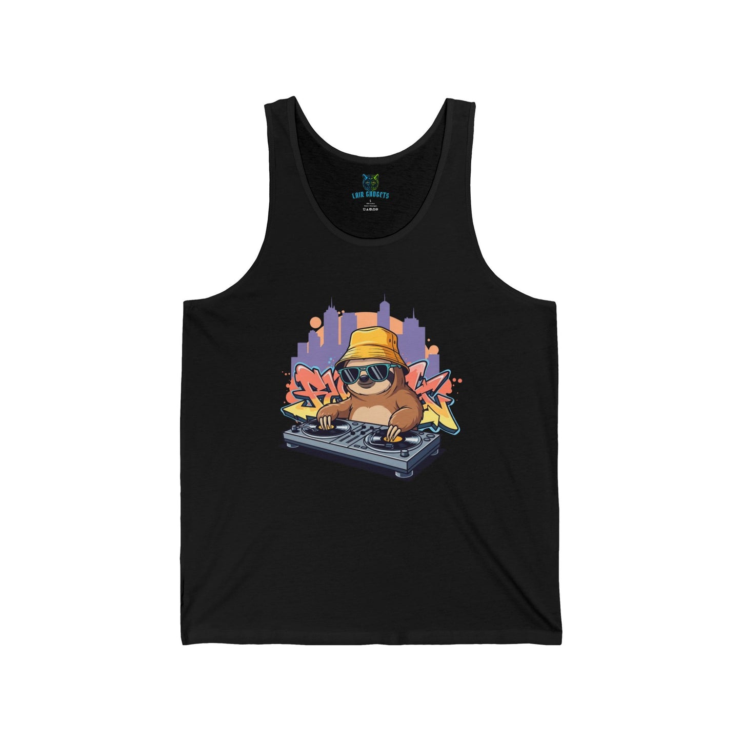 DJ Sloth Unisex Jersey Tank, Funny Animal Shirt, Cool Graphic Tank, Music Lover Gift, Turntable Design, Urban Style, Graffiti Art, Cute Sloth Tank
