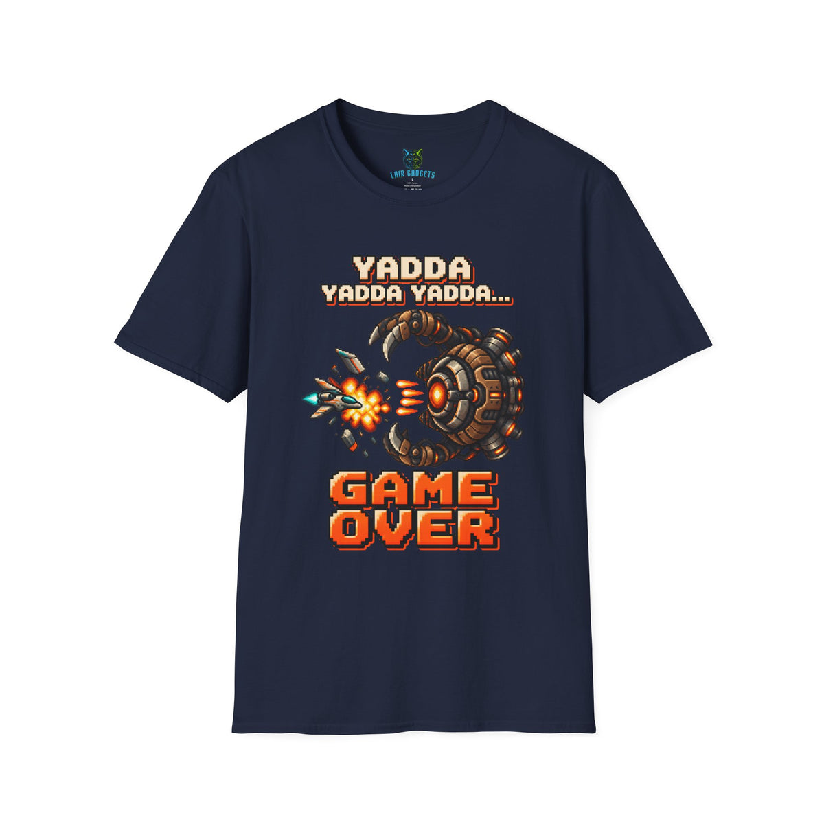 Navy t-shirt with Yadda Yadda Yadda Game Over pixel art spaceship graphic