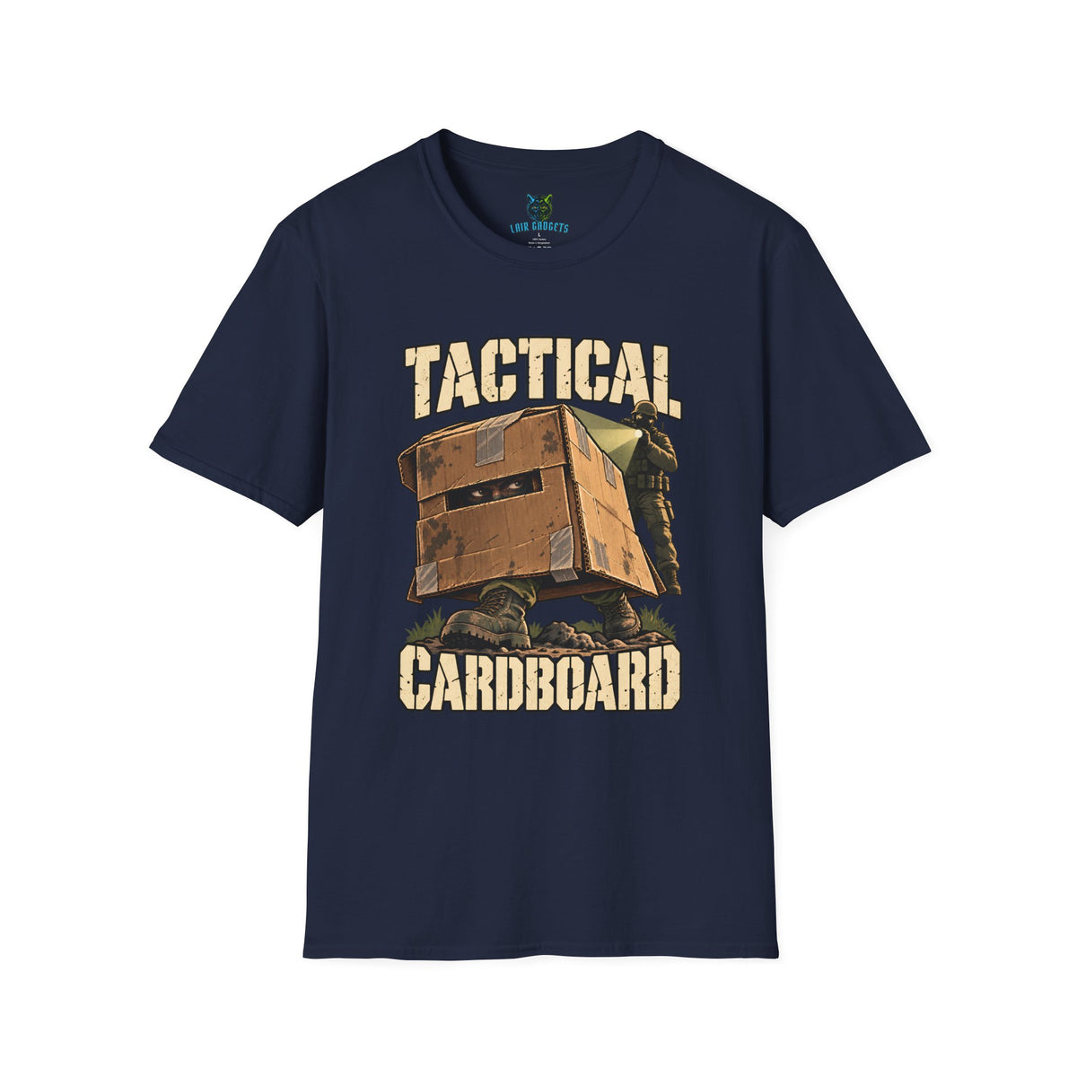 Navy t-shirt with Tactical Cardboard soldier in a cardboard box graphic
