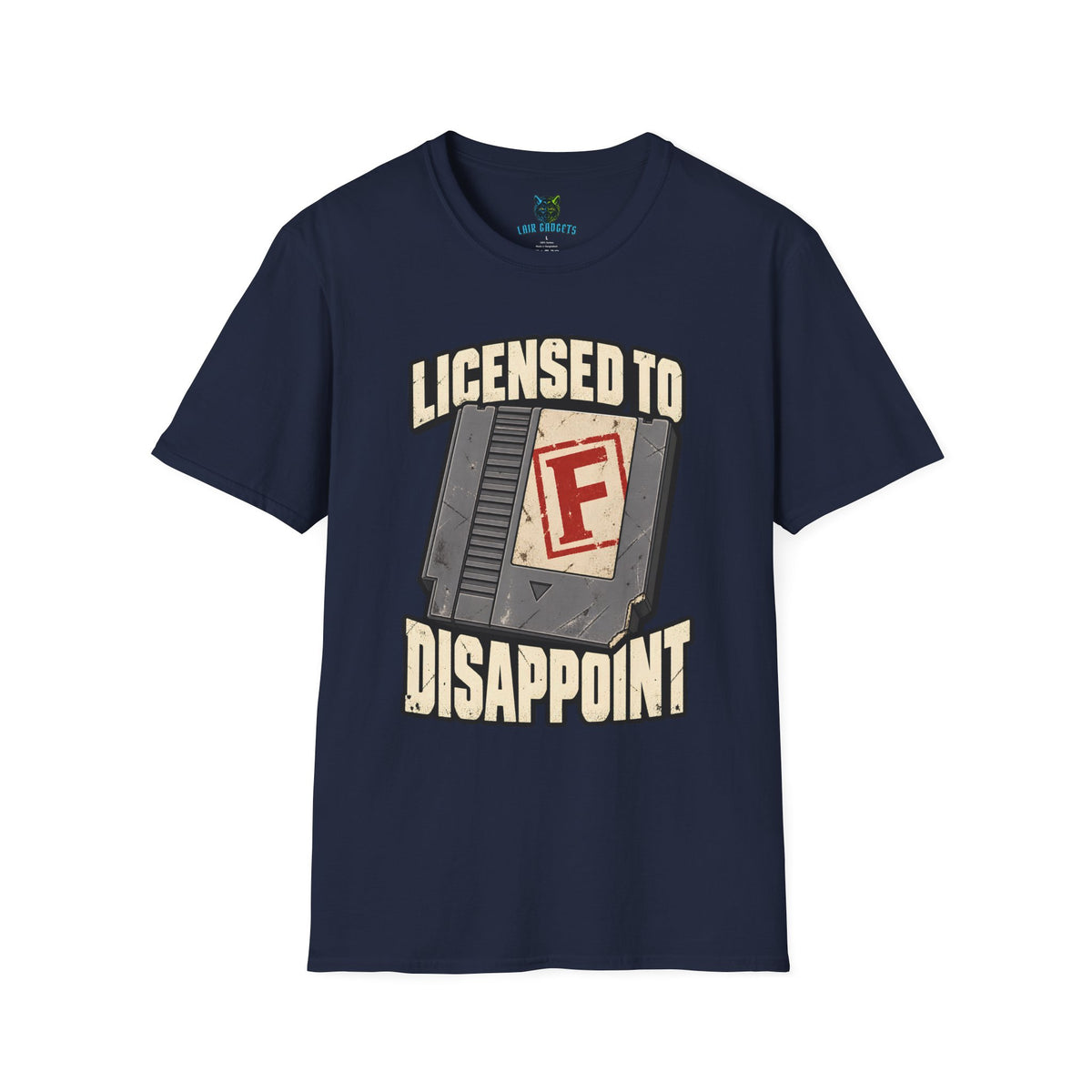 Navy t-shirt with Licensed to Disappoint retro game cartridge graphic