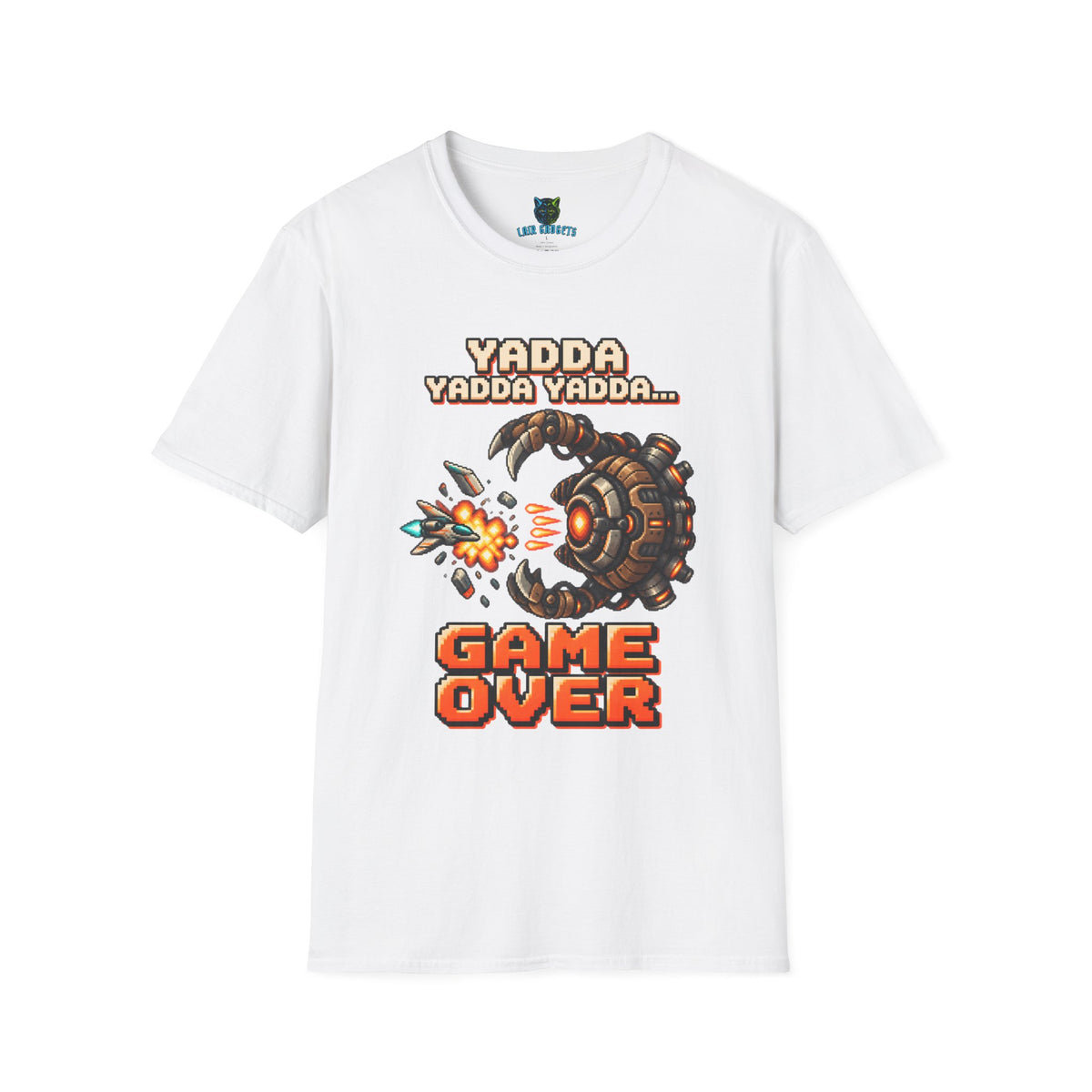 White t-shirt with Yadda Yadda Yadda Game Over pixel art spaceship graphic