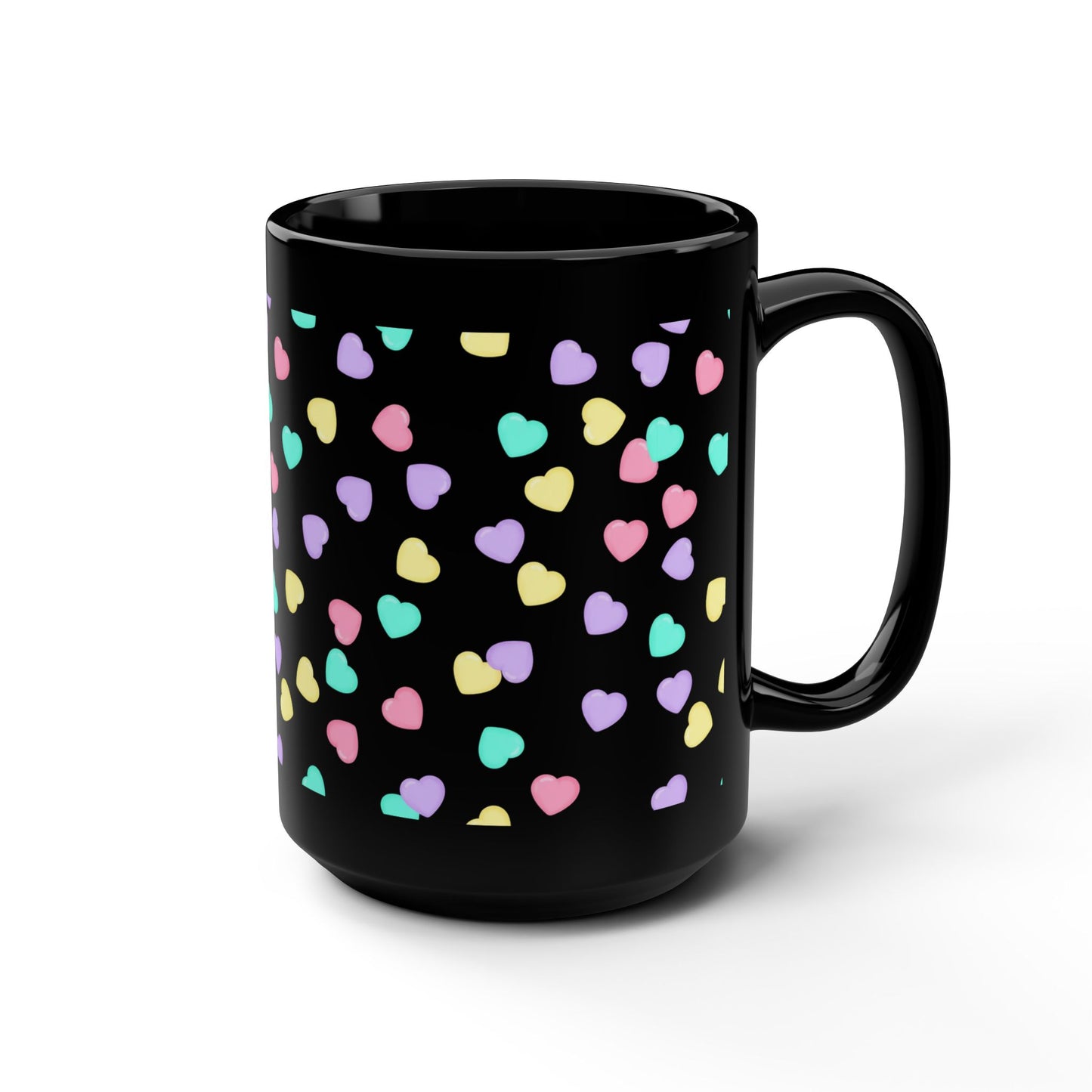 15oz Black Mug — Pastel Heart Pattern Coffee Cup -Score 81
