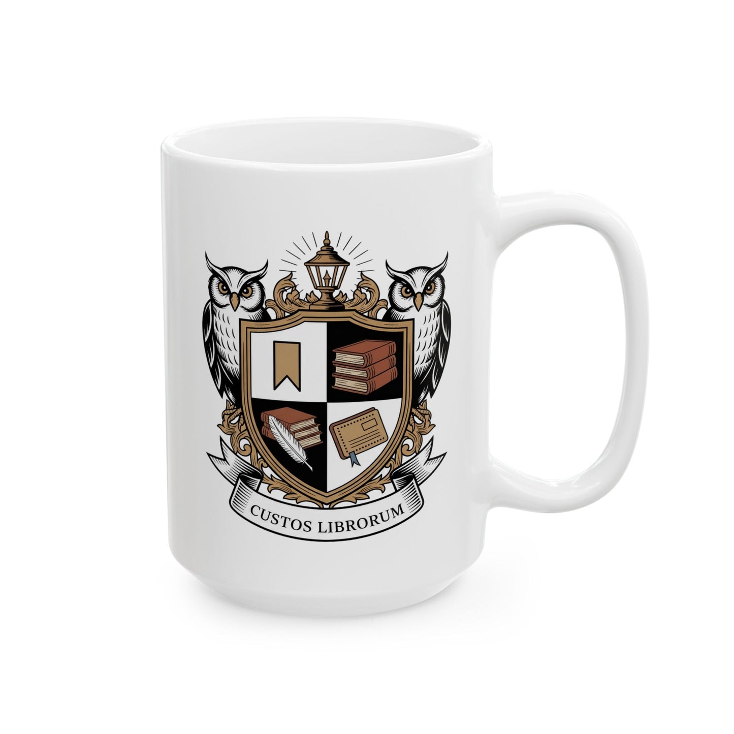 Custos Librorum Librarian Crest Mug 15oz – Ceramic Coffee Mug for Librarians and Book Lovers – Latin “Guardian of Books” Owl Shield Design by Lair Gadgets