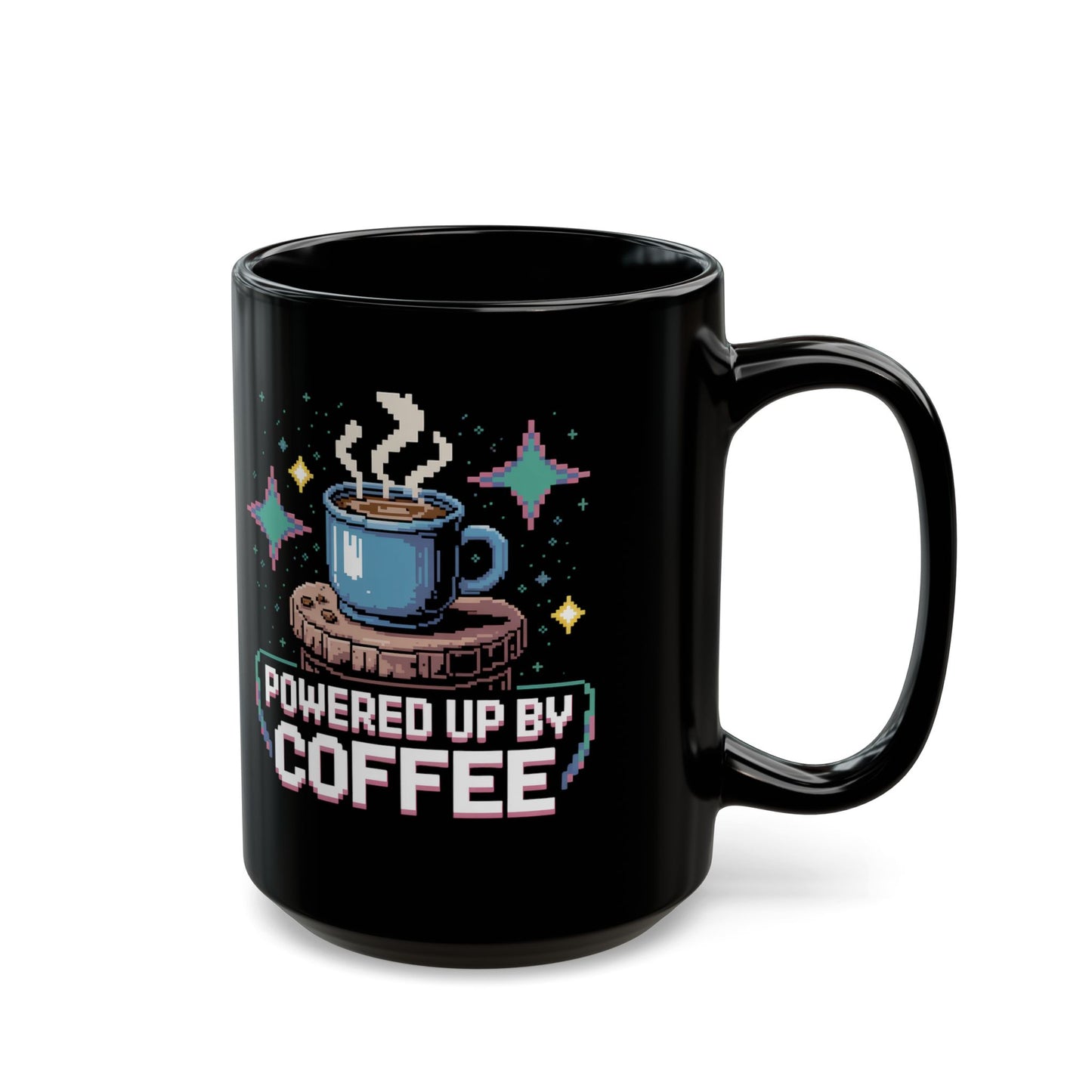 Retro Gamer Coffee Mug – Powered Up By Coffee – 15oz Black Ceramic – Pixel Art Video Game Gift