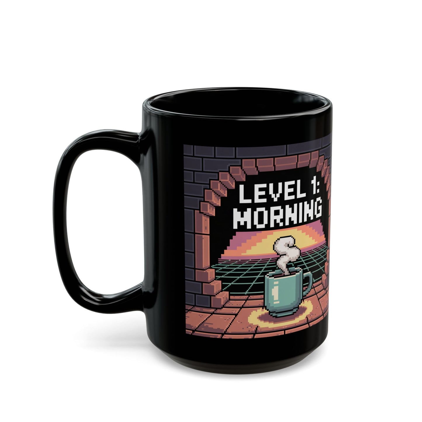 Retro Gamer Coffee Mug – Level 1 Morning Pixel Art Design – Black Ceramic – Funny Video Game Gift- B0GR2P8VNW