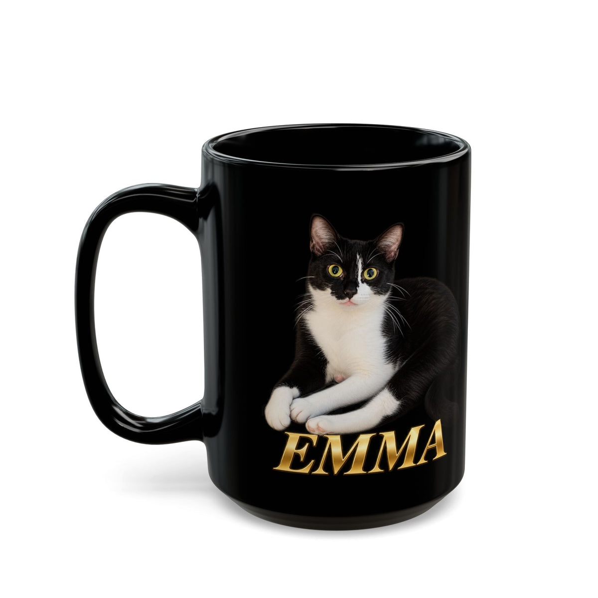 15 oz black custom cat portrait mug with tuxedo cat Emma and her name in gold lettering