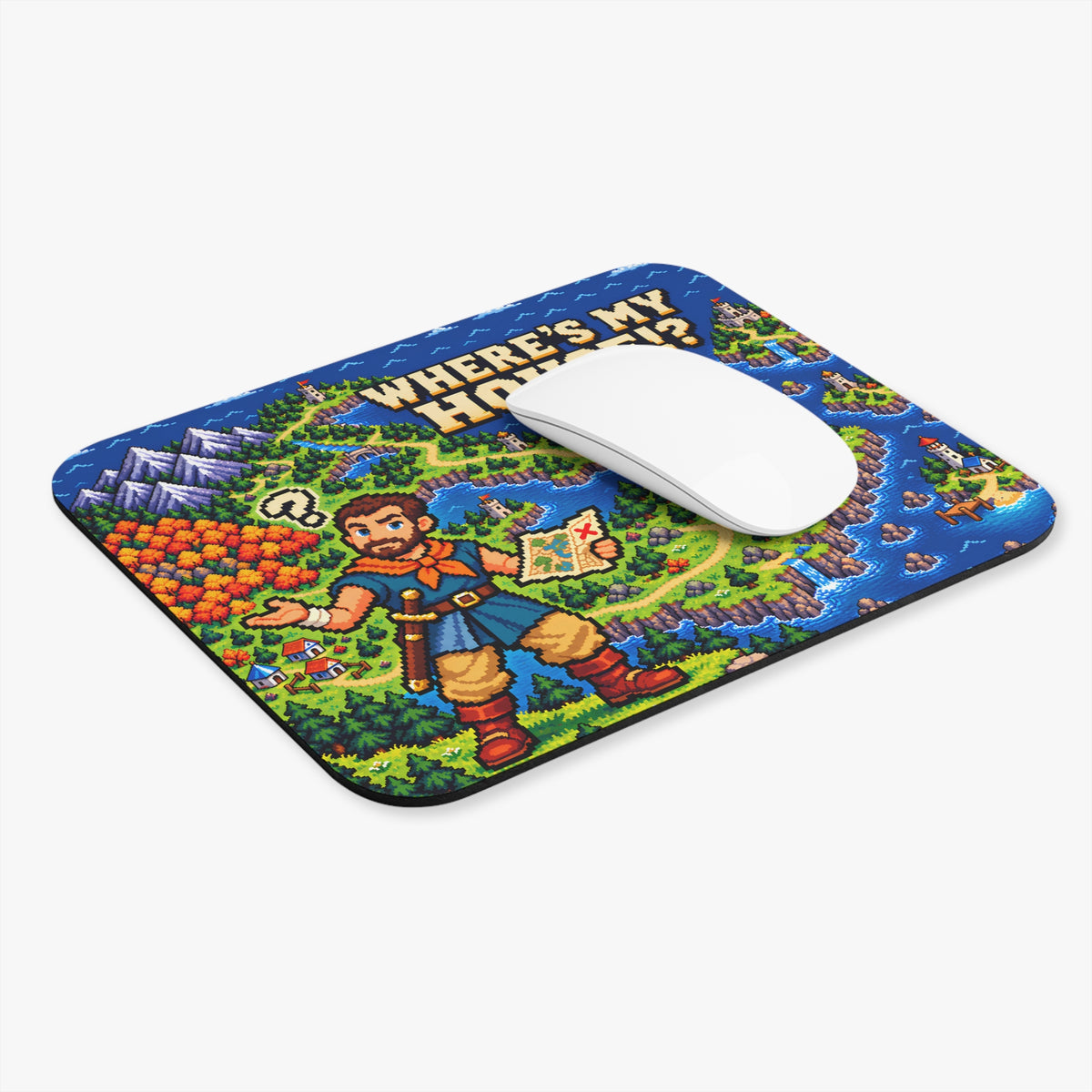 Retro 16-bit overworld map mouse pad with mountains, autumn forest, castles and islands