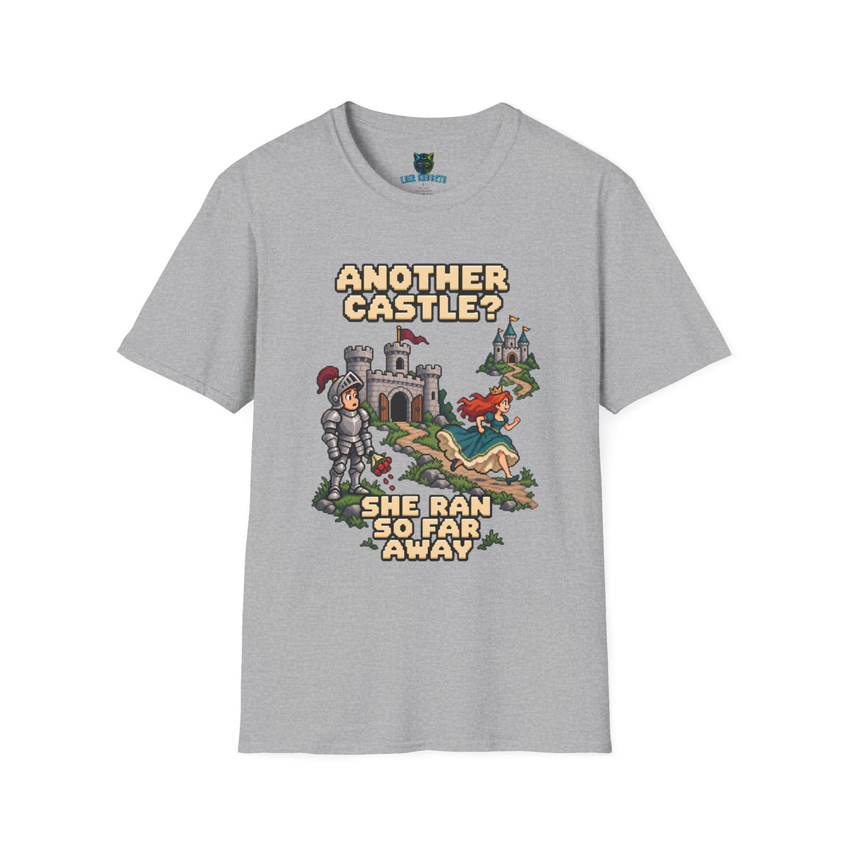 Sport grey t-shirt with Another Castle She Ran So Far Away pixel art knight graphic