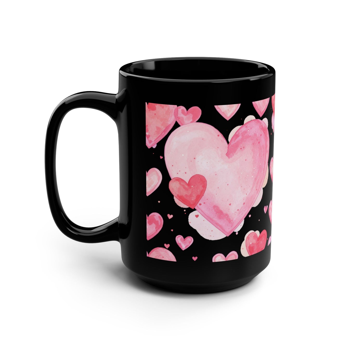 15oz Black Mug — Pink Watercolor Hearts Pattern -Score 89
