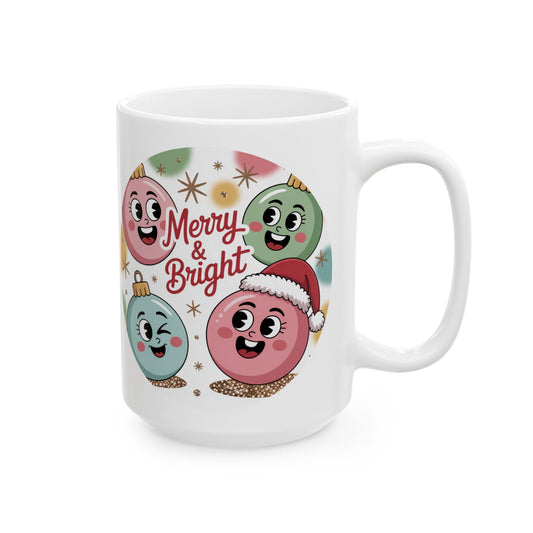 Merry & Bright Ornament Mug by Lair Gadgets – 15 oz White Ceramic Coffee Cup with Cheerful Holiday Bauble Design