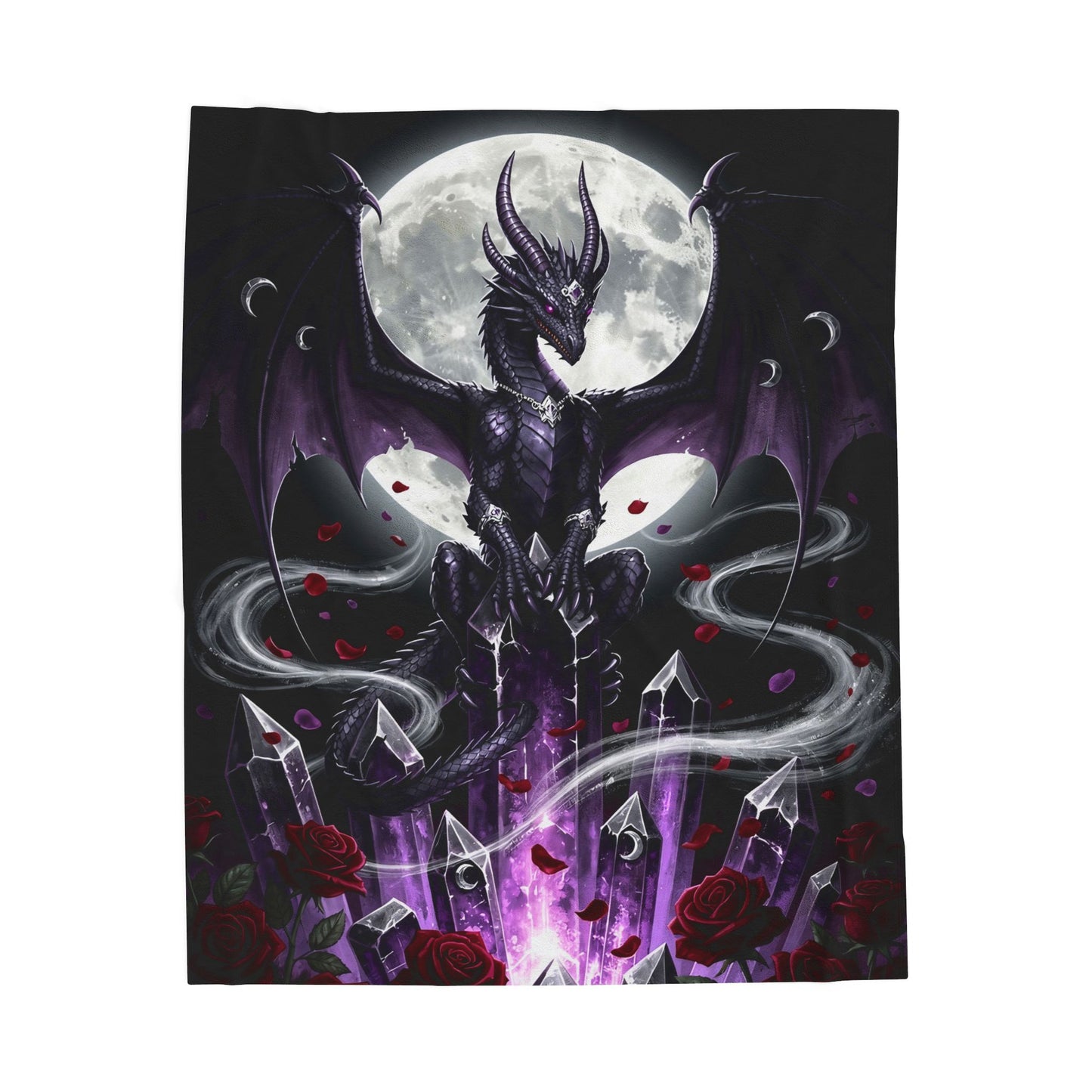 Dragon Throw Blanket  – Plush Gothic Fantasy Blanket for Couch Bed Sofa – Crystal Dragon Decor – Moonlit Obsidian by Lair Gadgets