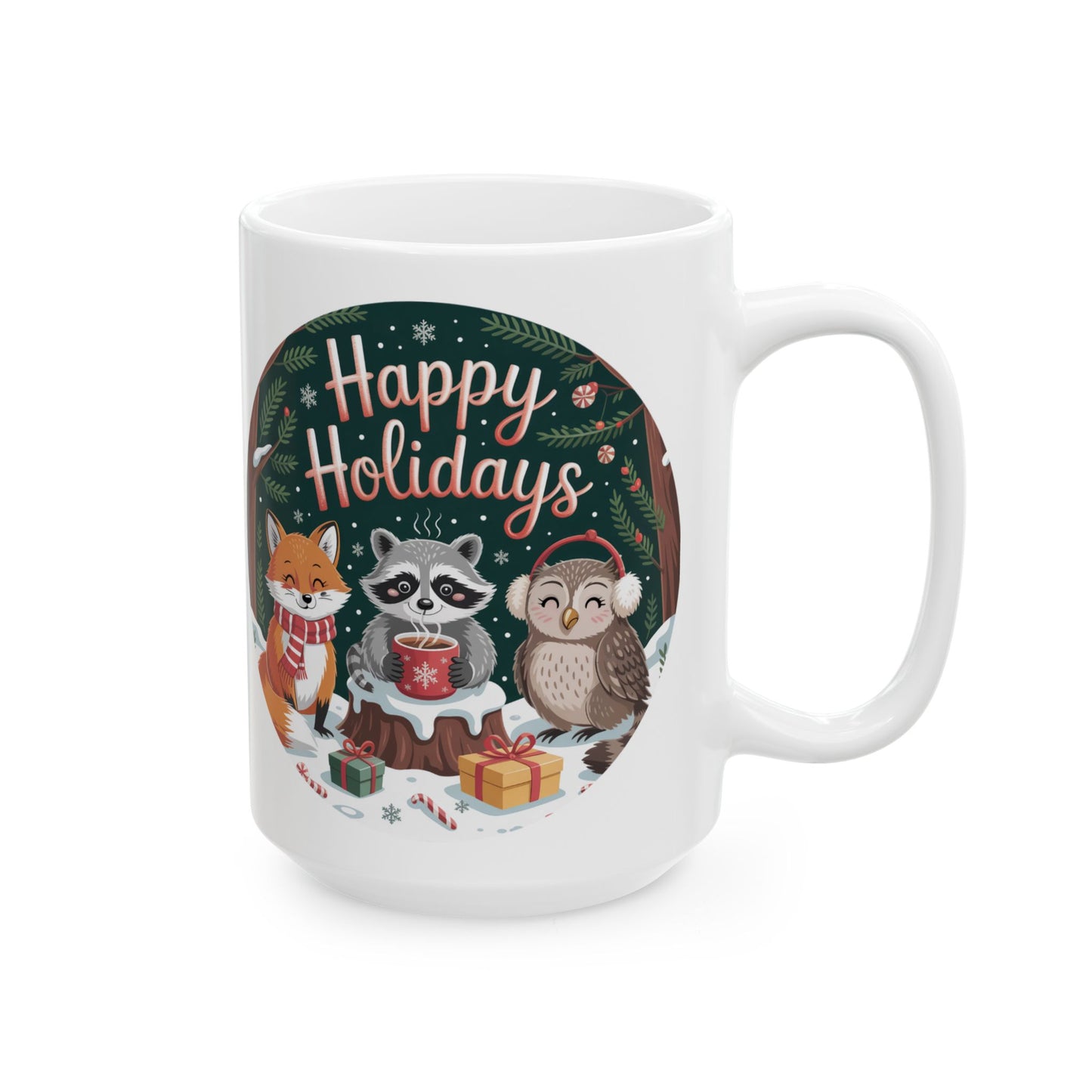 Happy Holidays Forest Friends Mug by Lair Gadgets – 15 oz White Ceramic Coffee Cup with Cozy Animal Christmas Design