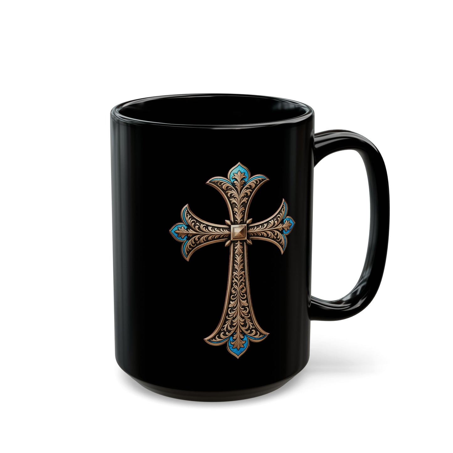 Easter Cross Blue Accent on Black Mug (11oz, 15oz)