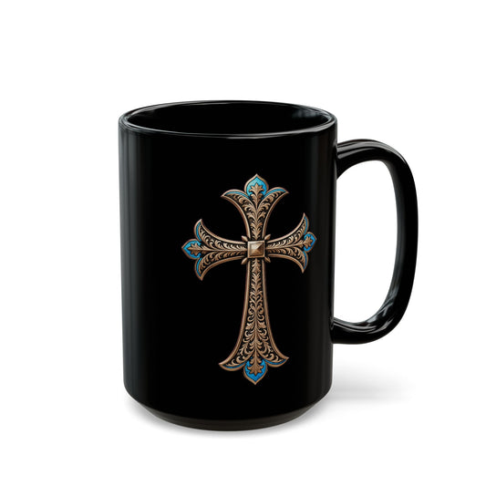 Easter Cross Blue Accent on Black Mug (11oz, 15oz)