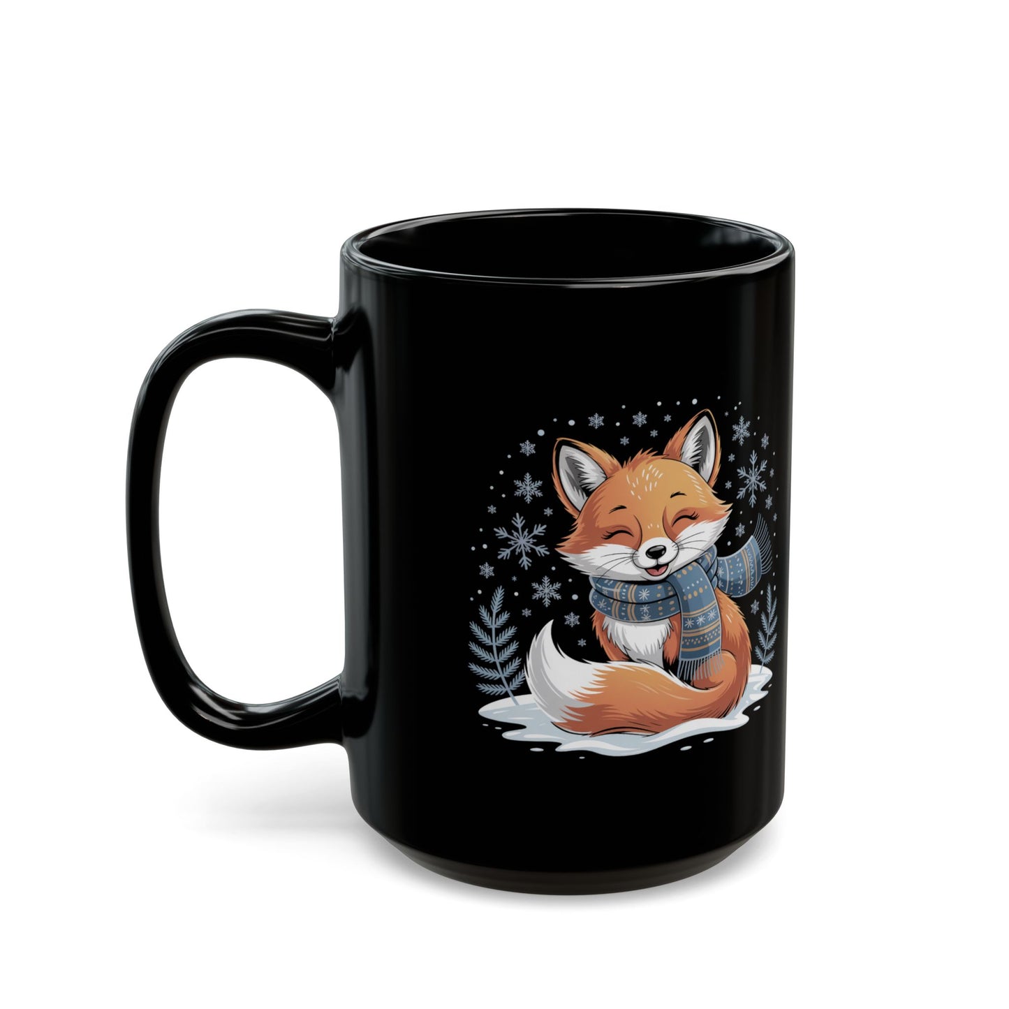 Frosted Whimsy Fox Mug by Lair Gadgets – 15 oz Black Ceramic Coffee Cup with Cozy Winter Fox and Snowflake Design